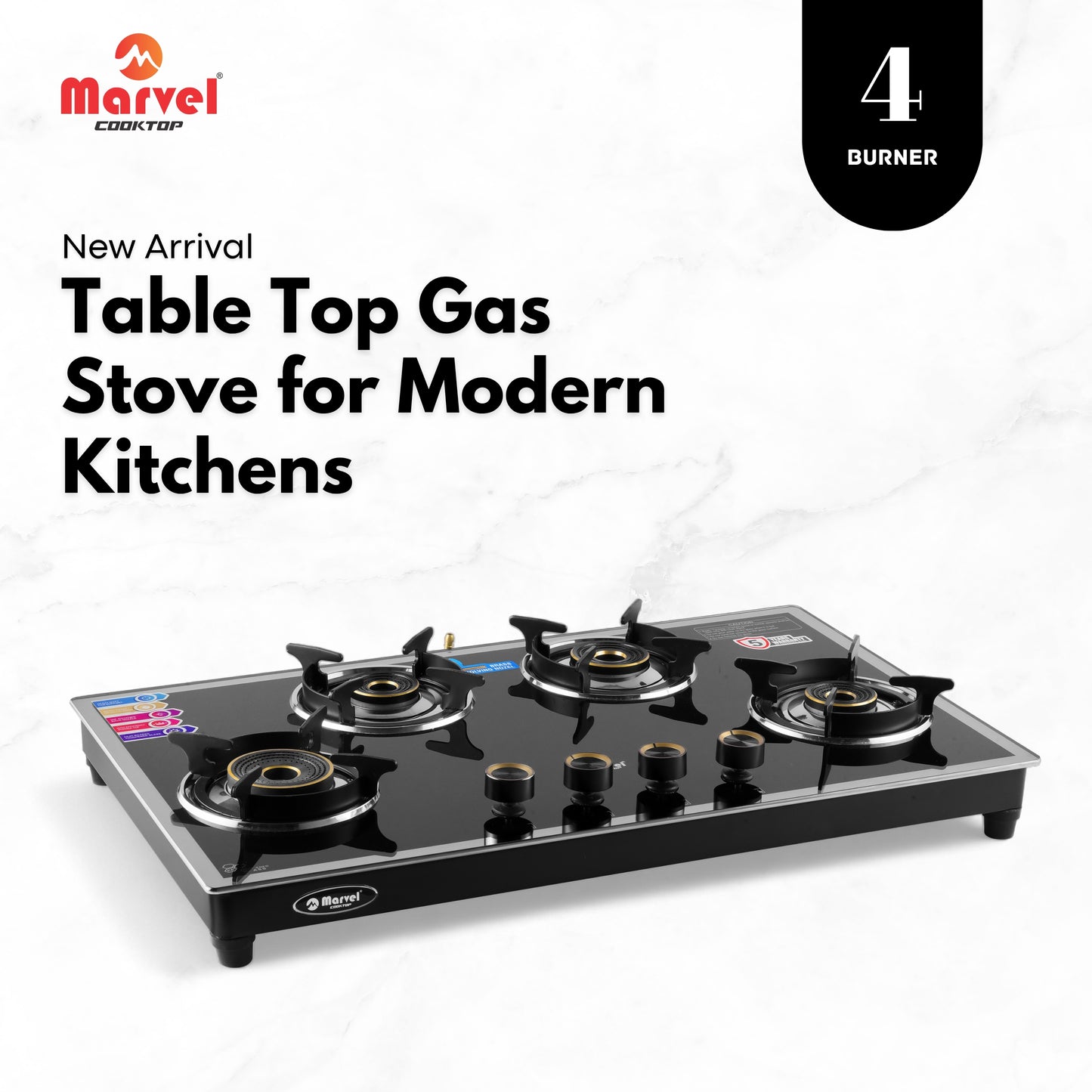 Cooktop Marvel – 4 Burner Hob Top Glass Gas Stove | Side Mirror Glass, Round Pan Support | 6G Brass Top, Manual Ignition, LPG Compatible (SONIC – 4704)
