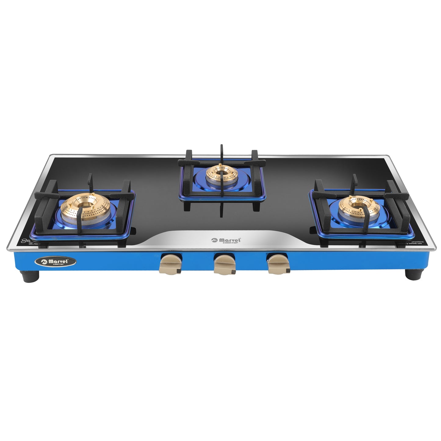 Cooktop Marvel – 3 Burner Premium LPG Gas Stove | Elite Mirror Glass, Blue SS Mirror Frame, Square Pan Support | Brass Top (BEAST – 3503)