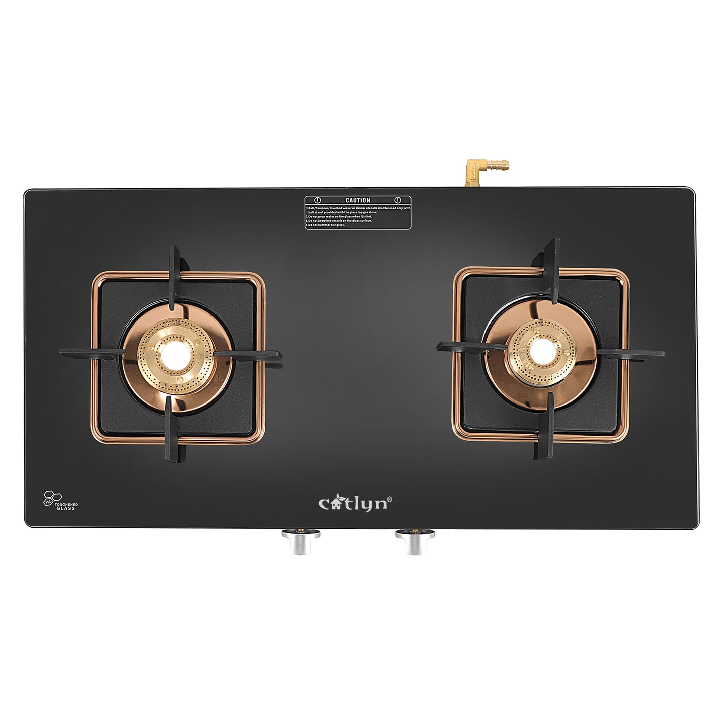 Catlyn - 2 Burner Crystal Black Glass Gas Stove with Rose Gold SS Mirror Finish Frame, Square Pan Support, Brass Top (DOOM - 2502)