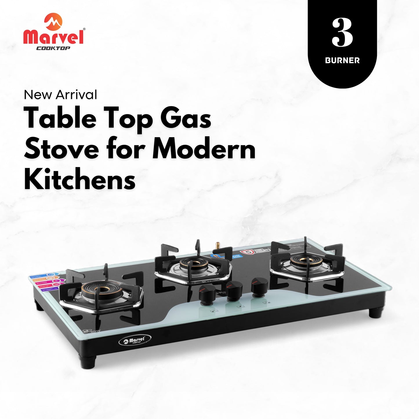 Catlyn - 3 Burner Hob Top Glass Gas Stove | Elite B&W Glass, Hexa Pan Support | 6G Brass Burner, Manual Ignition, LPG Compatible (OSBORN - 3701)