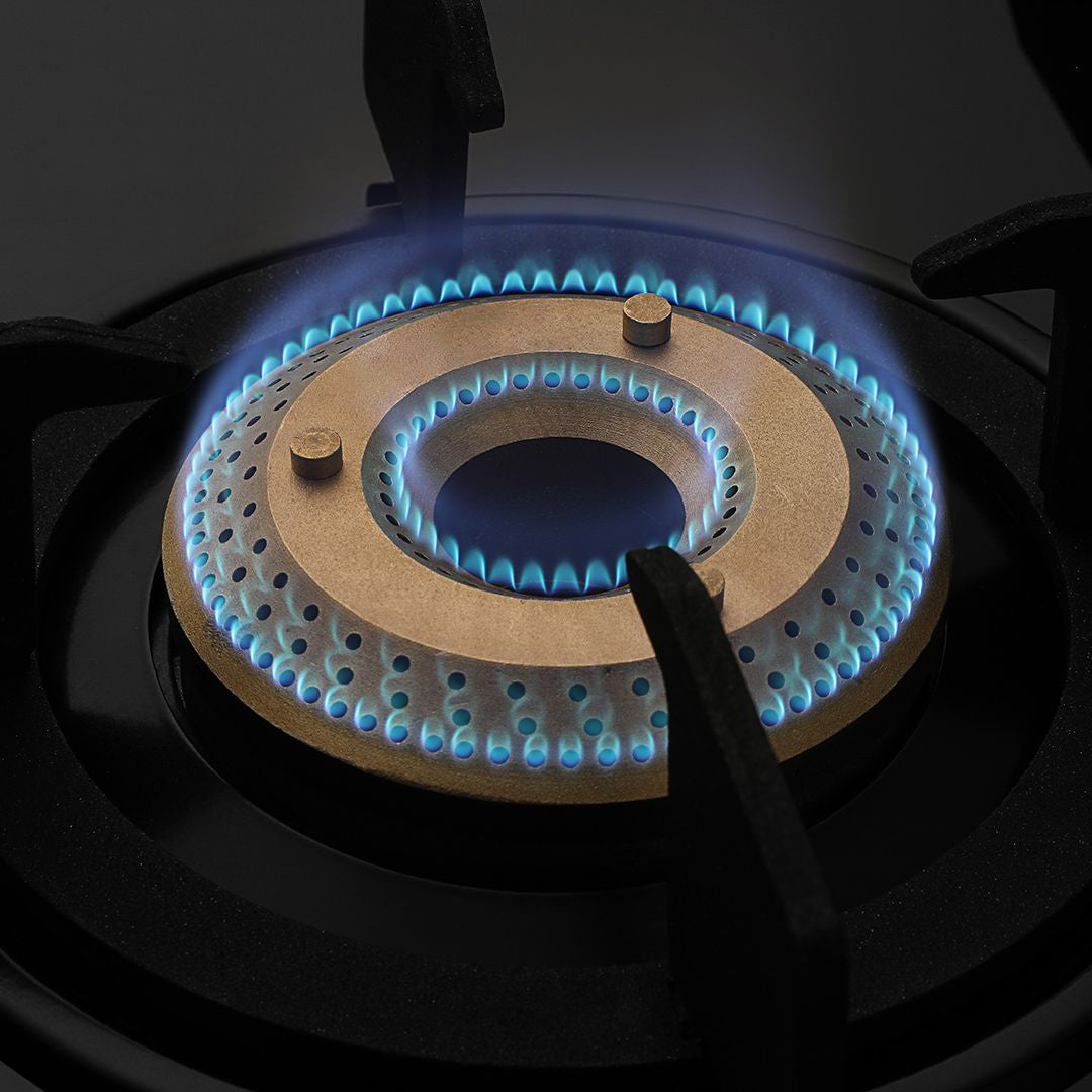 Cooktop Marvel – 4 Burner Premium Glass Gas Stove | Side Mirror Glass, Rose Gold SS Mirror Frame, Round Pan Support | Brass Top, Manual Ignition, LPG Compatible (WEGO – 4501)