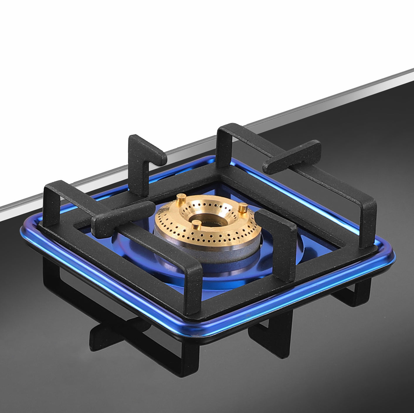Cooktop Marvel – 3 Burner Premium LPG Gas Stove | Elite Mirror Glass, Blue SS Mirror Frame, Square Pan Support | Brass Top (BEAST – 3503)