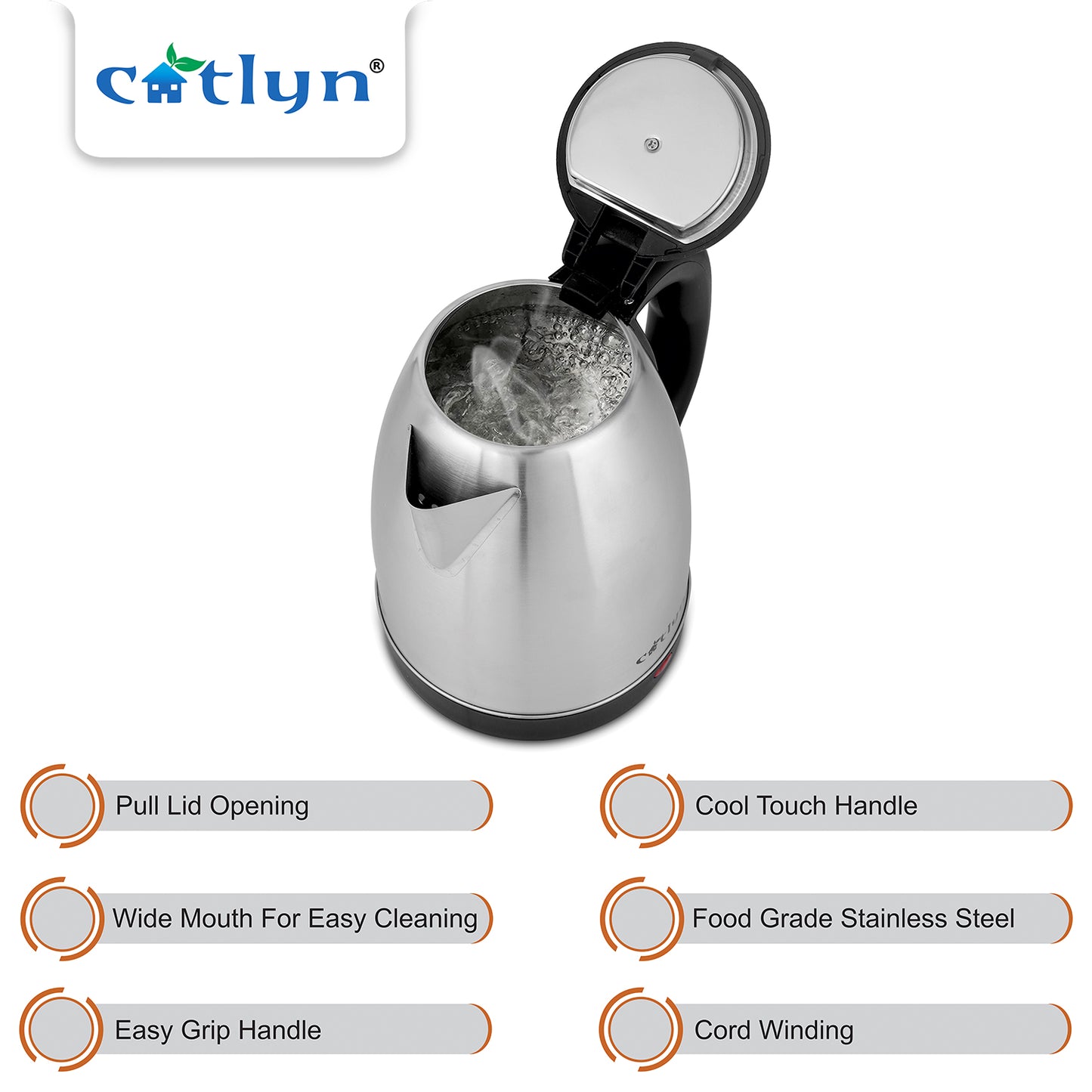 Catlyn – LUFFY Stainless Steel Electric Kettle (1500W, Silver & Black)