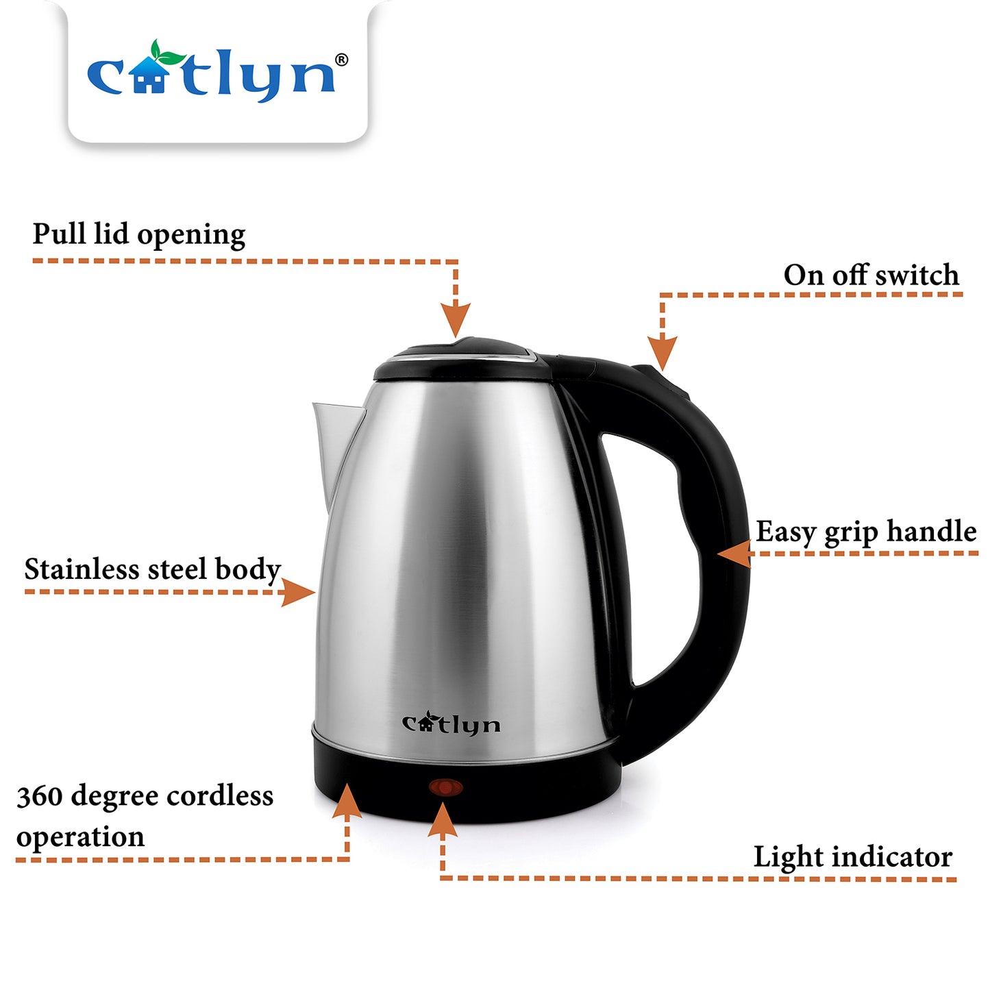 Catlyn – LUFFY Stainless Steel Electric Kettle (1500W, Silver & Black)