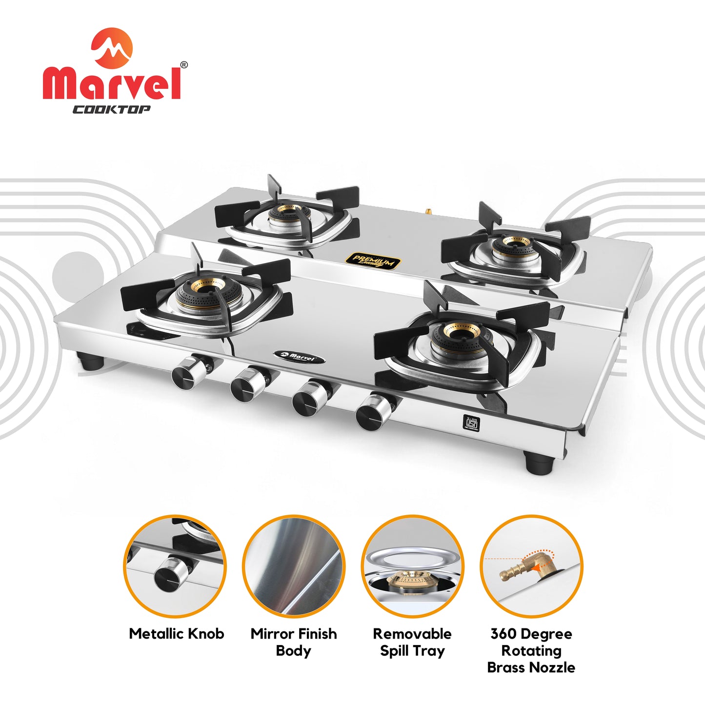 Cooktop Marvel – 4 Burner Gas Stove | 2mm Bahubali Double Decker Glossy Mirror Body, Biskut Pan Support | Brass Burner (ATHENA PLUS DD – 4313)