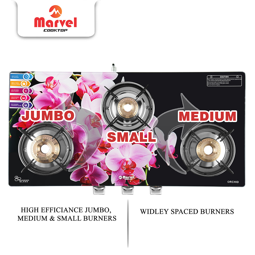 Cooktop Marvel – 3 Burner Digital Glass LPG Stove with SS Frame, Bandi, Jumbo Burner Top – (MERCURY SS – 3603)