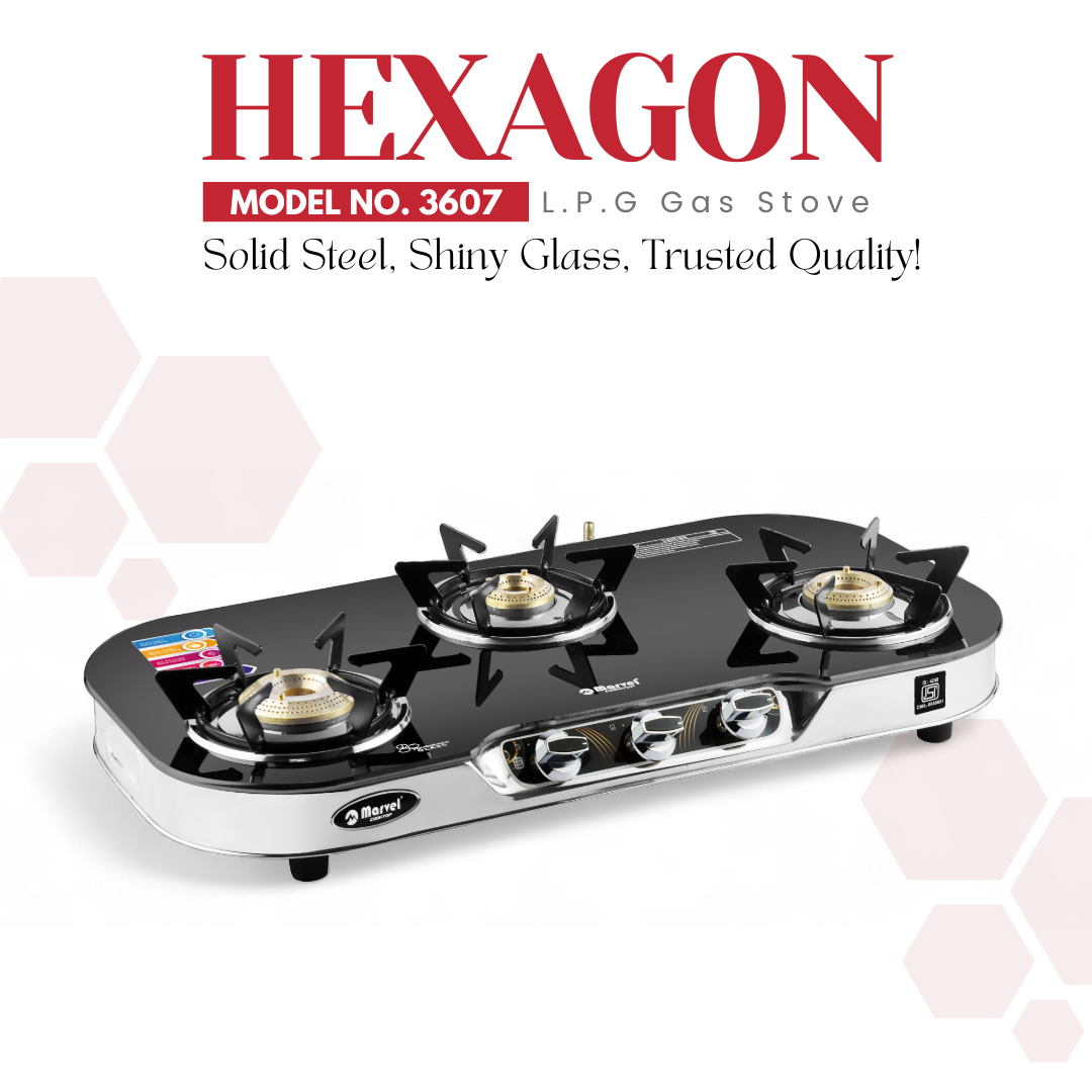 Catlyn - 3 Burner Premium Crystal Black Glass LPG Stove with Silver SS Frame, Plus Body Frame - HEXAGON (3607)