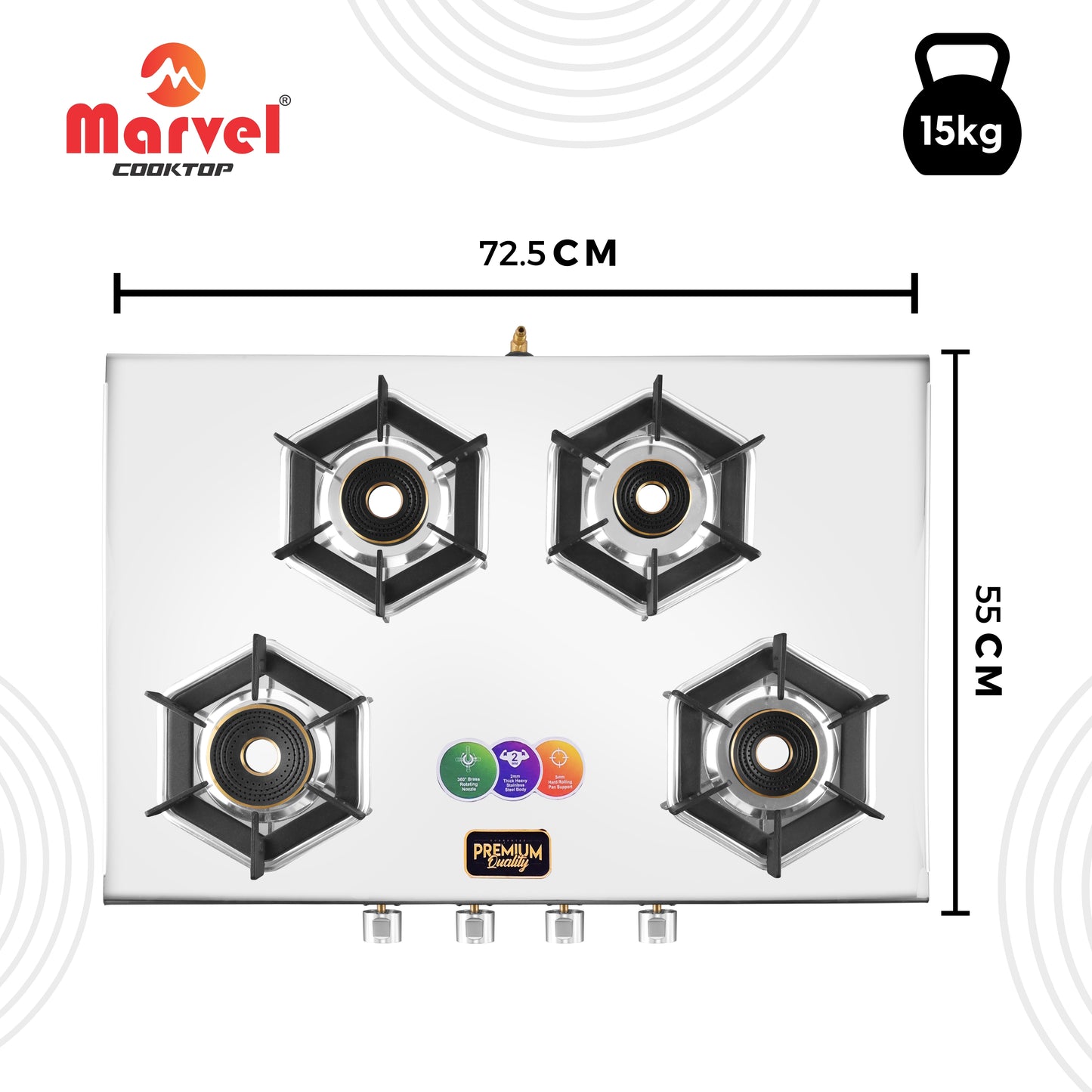 Cooktop Marvel – 4 Burner Gas Stove | Glossy Mirror Body, 2mm Heavy Steel with Drip Tray | Hexa Pan Support | 6G Brass Top, LPG Compatible (ATHENA PLUS – 4303)