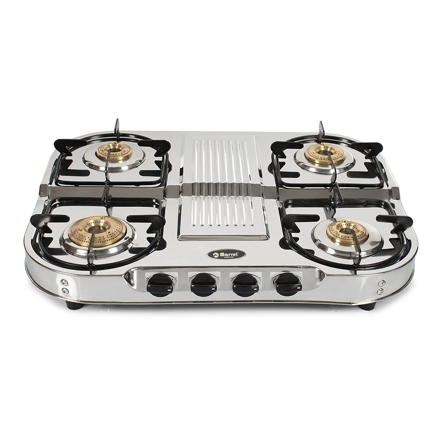 Cooktop Marvel – 4 Burner Double Decker Glain Stainless Steel LPG Gas Stove | Jumbo Brass Burner, Heavy Body | Manual Ignition (HERCULES – 4202)