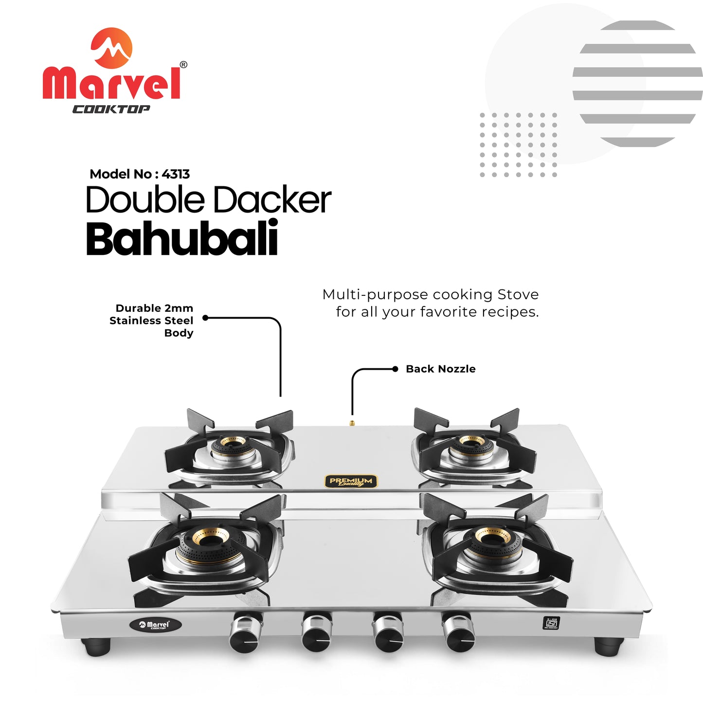 Cooktop Marvel – 4 Burner Gas Stove | 2mm Bahubali Double Decker Glossy Mirror Body, Biskut Pan Support | Brass Burner (ATHENA PLUS DD – 4313)
