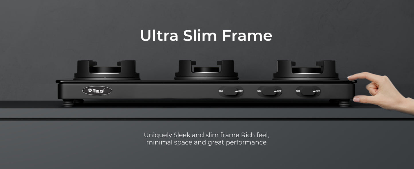 Cooktop Marvel – 3 Burner Premium LPG Gas Stove | Black Glass, MS Frame All Black (BLACK PANTHER – 3515)
