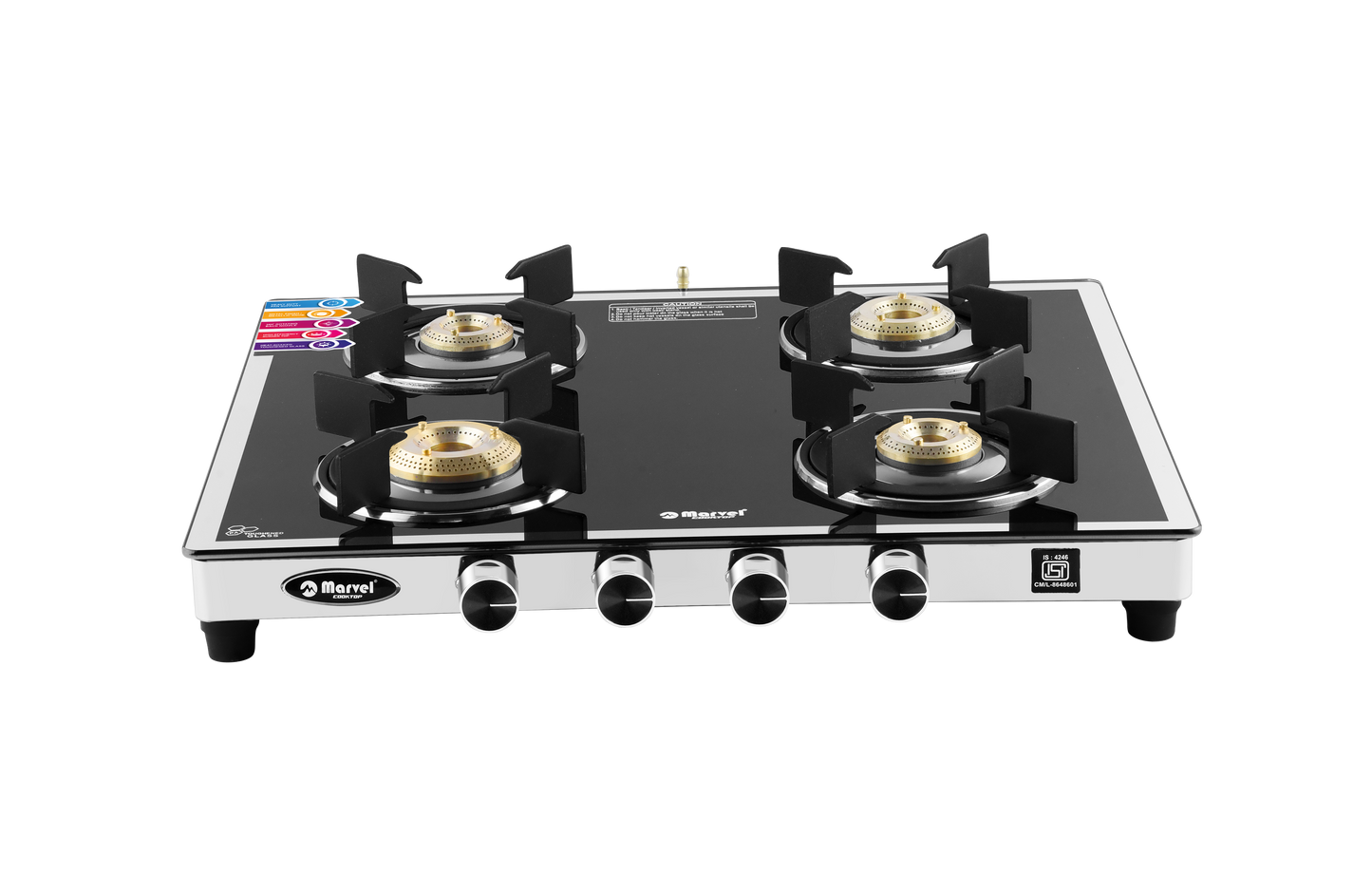 Cooktop Marvel – 4 Burner Gas Stove | Mirror Glass, SS Frame with 40mm Drip Tray | Round Pan Support | Brass Top, Manual Ignition, LPG Compatible (SPARK RO – 4407)