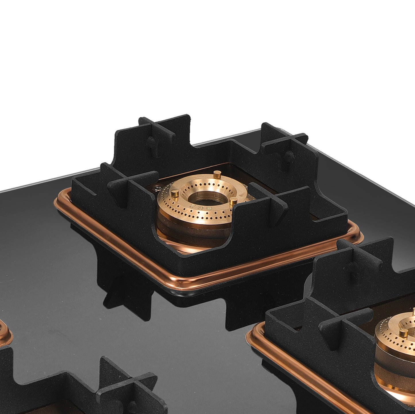 Cooktop Marvel – 4 Burner Premium Gas Stove | Crystal Black Glass, Rose Gold SS Mirror Frame, Square Pan Support | Brass Top, Manual Ignition, LPG Compatible (DOOM – 4502)