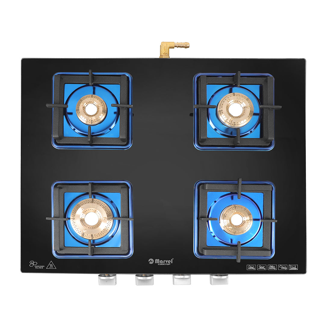 Cooktop Marvel – 4 Burner Premium Glass Gas Stove | Crystal Black Glass, Blue SS Mirror Frame, Square Pan Support | Brass Top, Manual Ignition, LPG Compatible (DOOM – 4502)