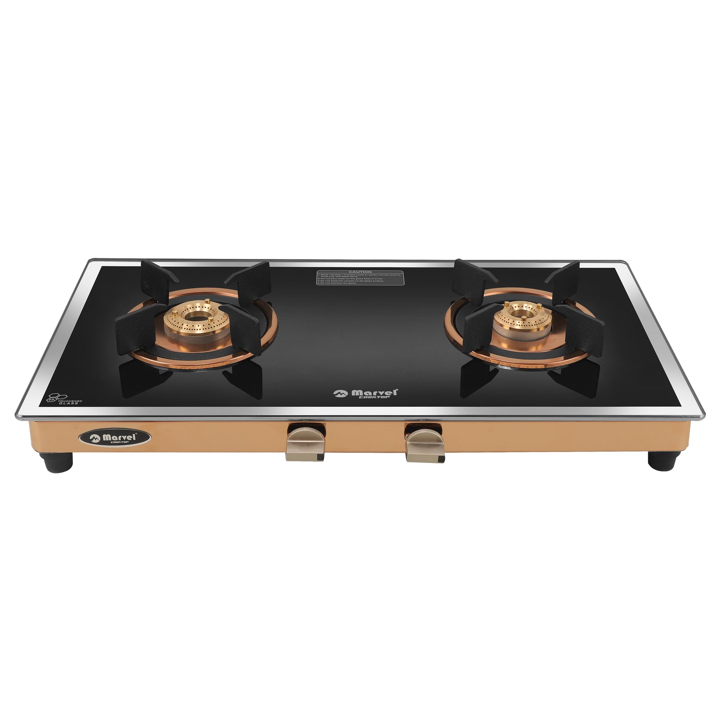 Cooktop Marvel – 2 Burner Side Mirror Glass Gas Stove with Rose Gold SS Mirror Finish Frame, Round Pan Support, Brass Top (WEGO - 2501)