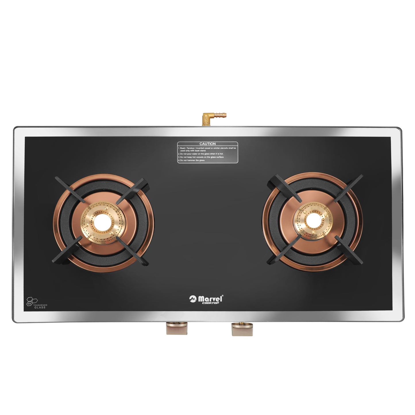 Cooktop Marvel – 2 Burner Side Mirror Glass Gas Stove with Rose Gold SS Mirror Finish Frame, Round Pan Support, Brass Top (WEGO - 2501)