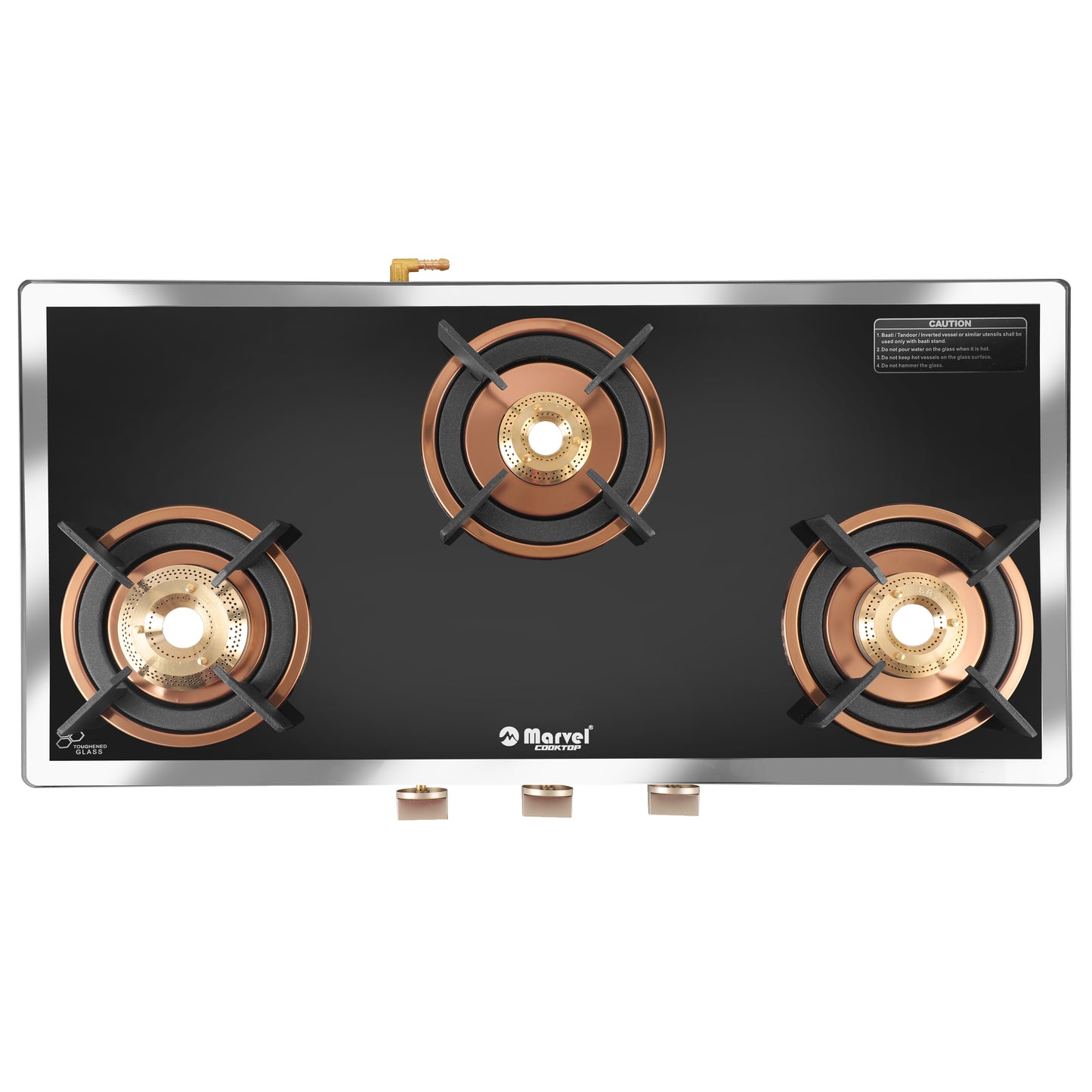 Cooktop Marvel – 3 Burner Premium LPG Gas Stove | Side Mirror Glass, Rose Gold SS Mirror Frame, Round Pan Support | Brass Top (WEGO – 3501)