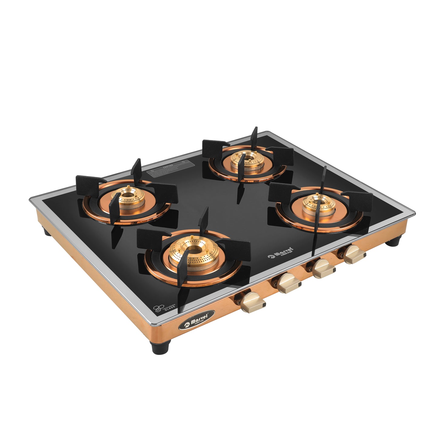 Cooktop Marvel – 4 Burner Premium Glass Gas Stove | Side Mirror Glass, Rose Gold SS Mirror Frame, Round Pan Support | Brass Top, Manual Ignition, LPG Compatible (WEGO – 4501)