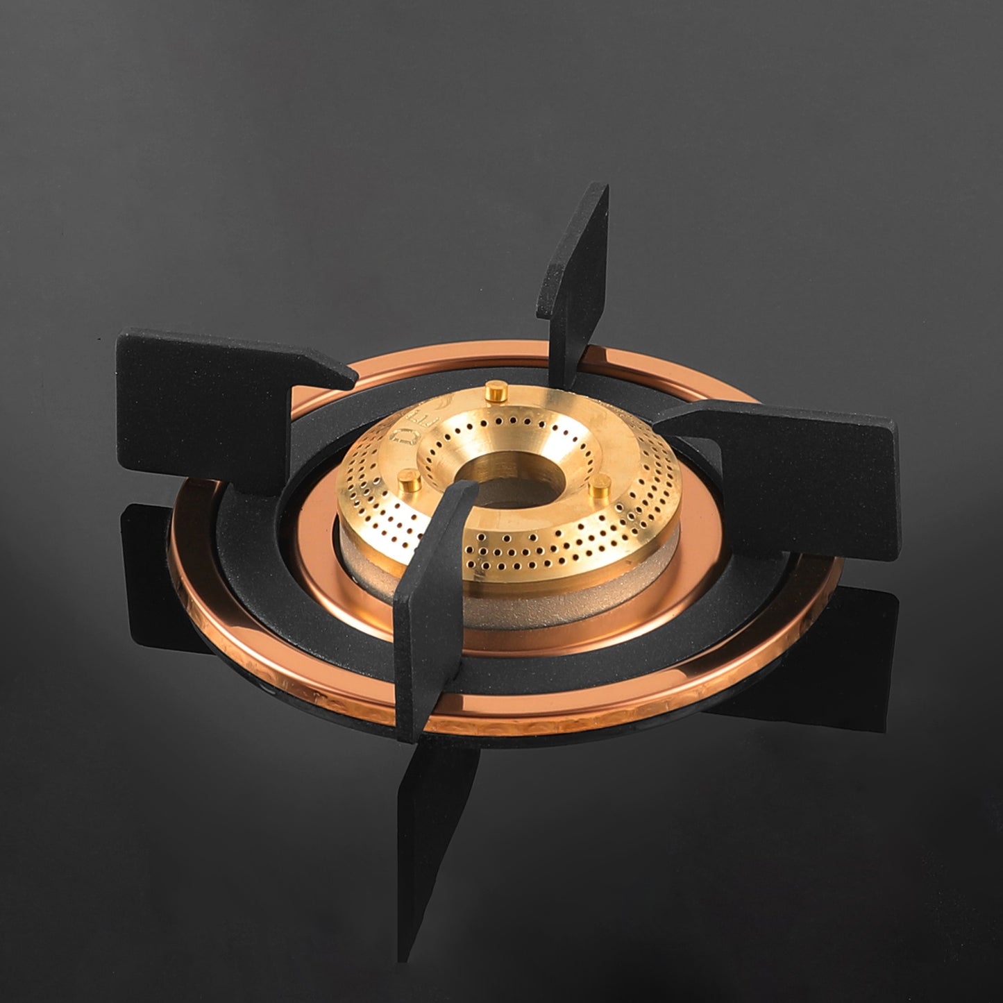 Cooktop Marvel – 4 Burner Premium Glass Gas Stove | Side Mirror Glass, Rose Gold SS Mirror Frame, Round Pan Support | Brass Top, Manual Ignition, LPG Compatible (WEGO – 4501)