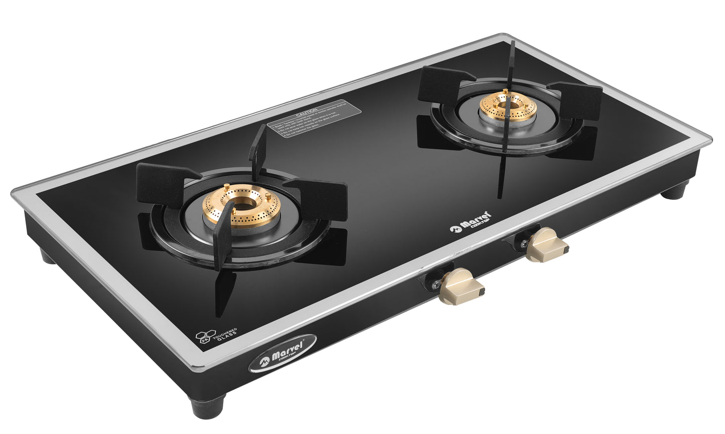 Cooktop Marvel – 2 Burner Side Mirror Glass Gas Stove with Black SS Mirror Finish Frame, Round Pan Support, Brass Top (WEGO - 2501)