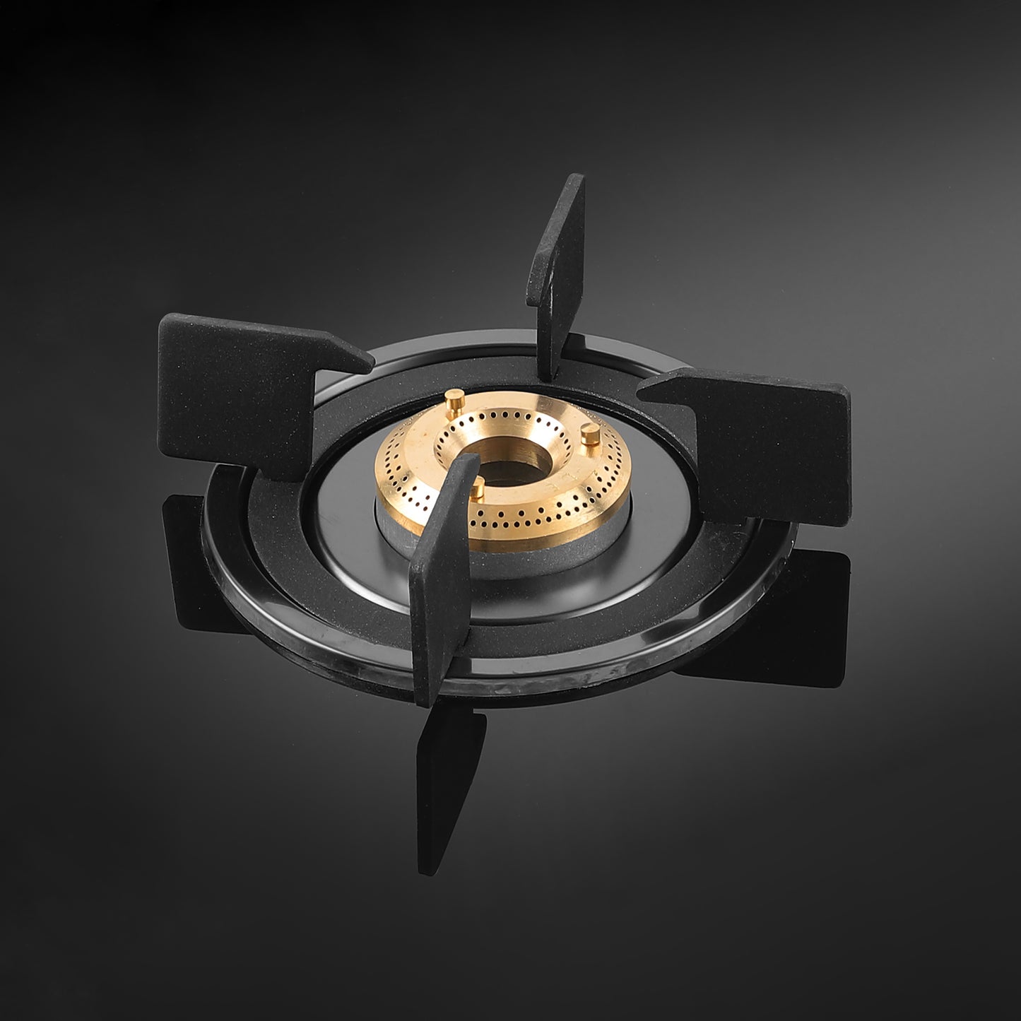 Cooktop Marvel – 2 Burner Side Mirror Glass Gas Stove with Black SS Mirror Finish Frame, Round Pan Support, Brass Top (WEGO - 2501)