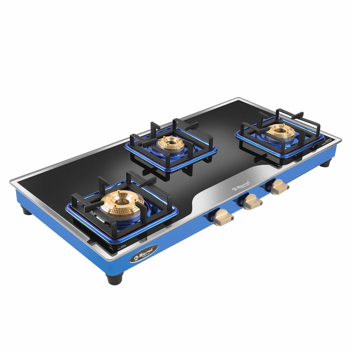 Cooktop Marvel – 3 Burner Premium LPG Gas Stove | Elite Mirror Glass, Blue SS Mirror Frame, Square Pan Support | Brass Top (BEAST – 3503)