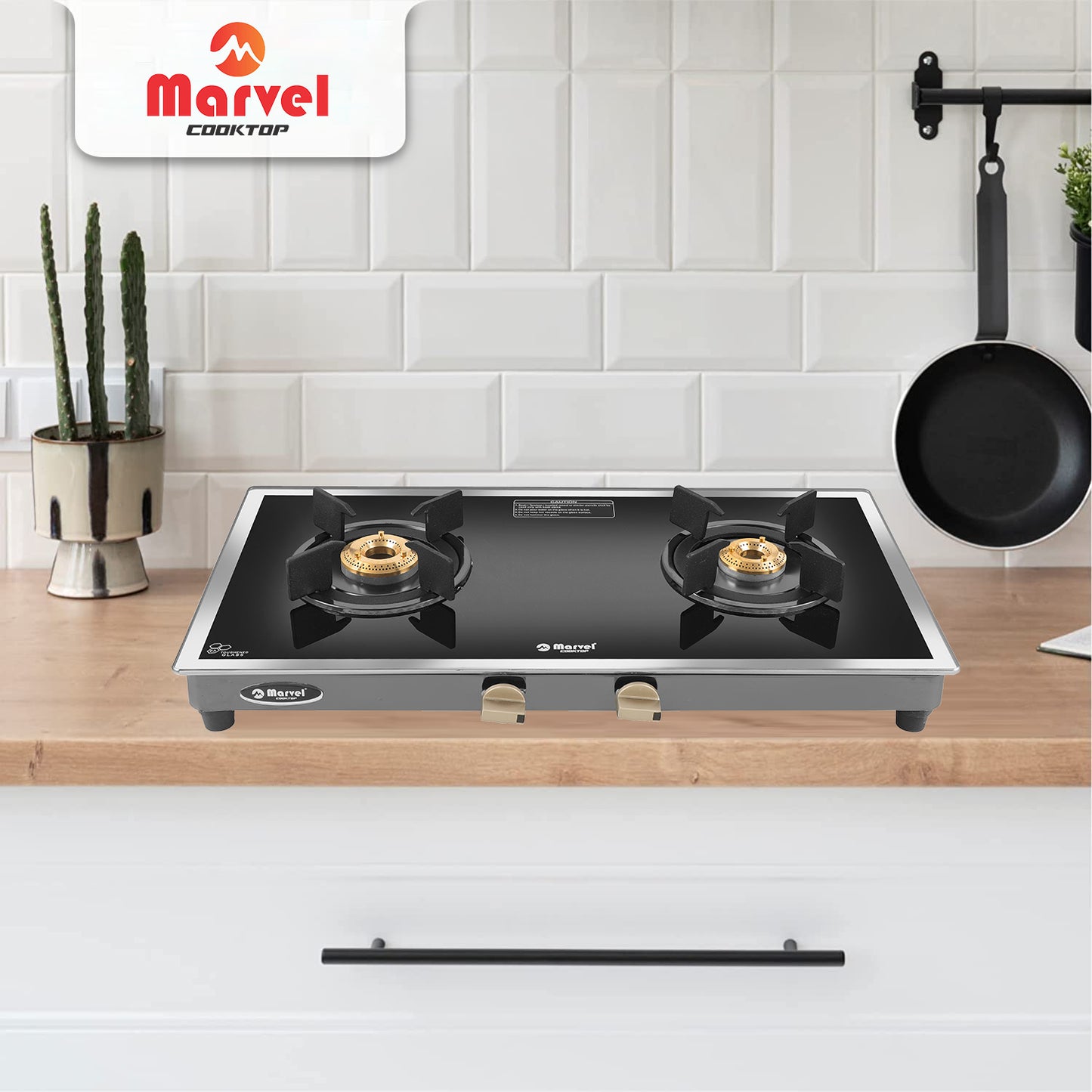 Cooktop Marvel – 2 Burner Side Mirror Glass Gas Stove with Black SS Mirror Finish Frame, Round Pan Support, Brass Top (WEGO - 2501)