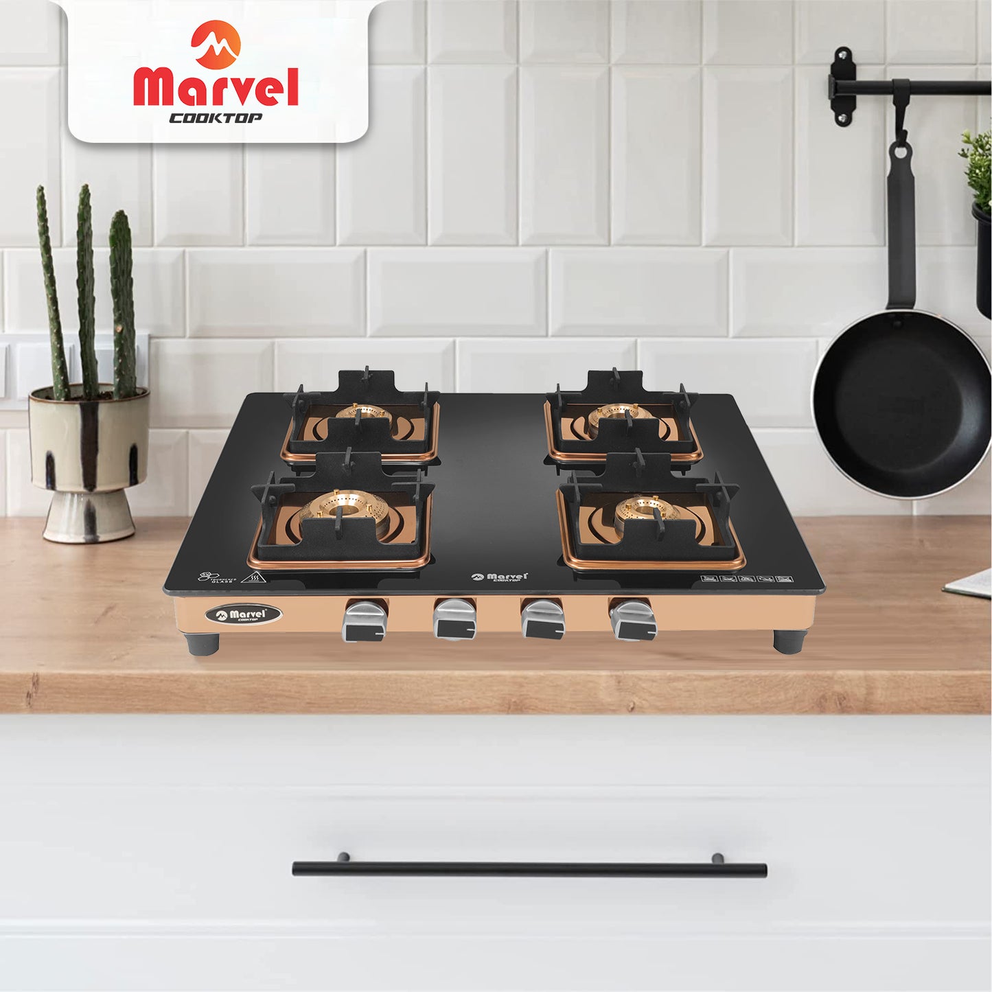 Cooktop Marvel – 4 Burner Premium Gas Stove | Crystal Black Glass, Rose Gold SS Mirror Frame, Square Pan Support | Brass Top, Manual Ignition, LPG Compatible (DOOM – 4502)