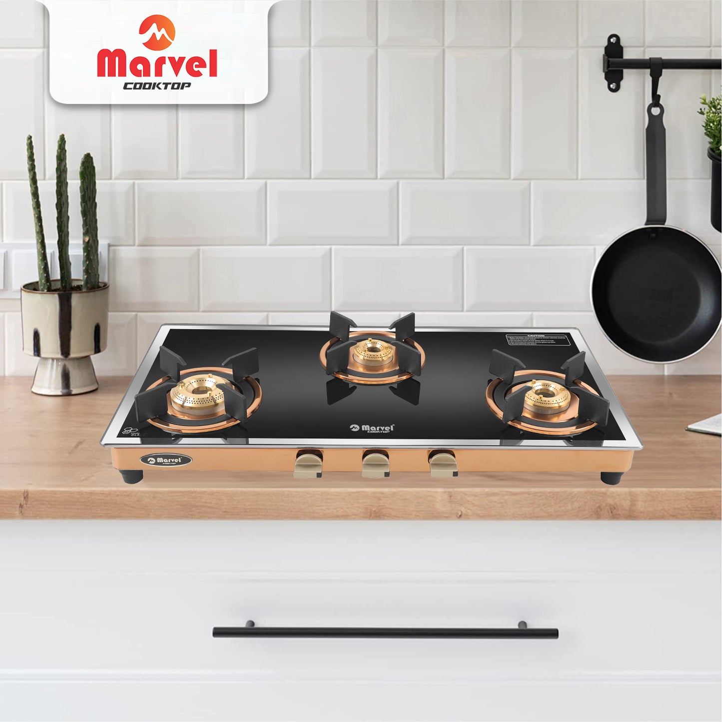 Cooktop Marvel – 3 Burner Premium LPG Gas Stove | Side Mirror Glass, Rose Gold SS Mirror Frame, Round Pan Support | Brass Top (WEGO – 3501)