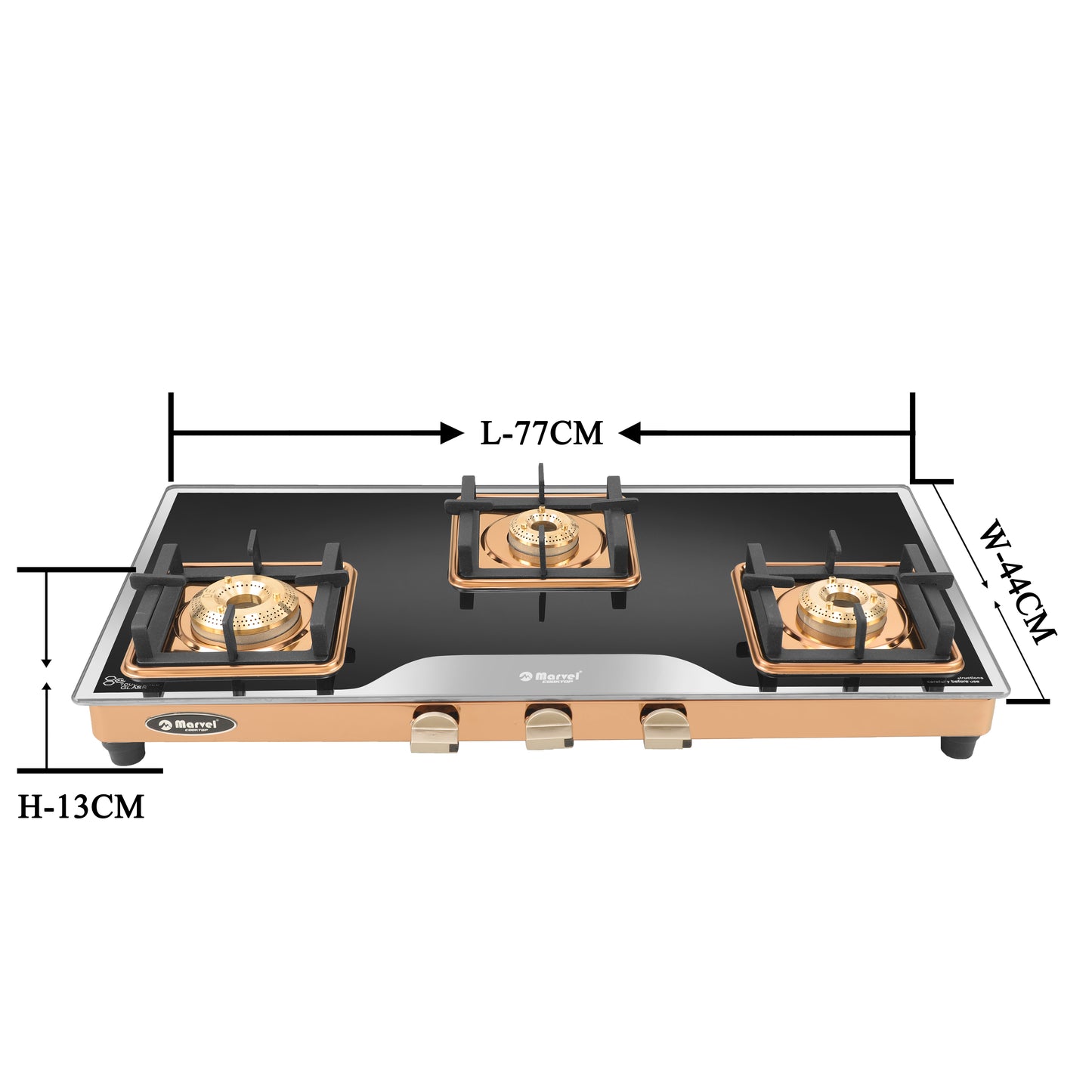Cooktop Marvel – 3 Burner Premium LPG Gas Stove | Elite Mirror Glass, Rose Gold SS Mirror Frame, Square Pan Support | Brass Top (BEAST – 3503)