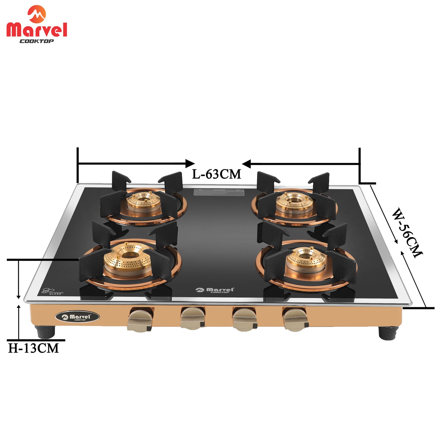 Cooktop Marvel – 4 Burner Premium Glass Gas Stove | Side Mirror Glass, Rose Gold SS Mirror Frame, Round Pan Support | Brass Top, Manual Ignition, LPG Compatible (WEGO – 4501)