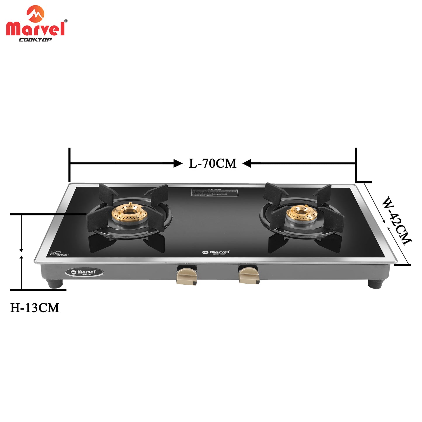 Cooktop Marvel – 2 Burner Side Mirror Glass Gas Stove with Black SS Mirror Finish Frame, Round Pan Support, Brass Top (WEGO - 2501)