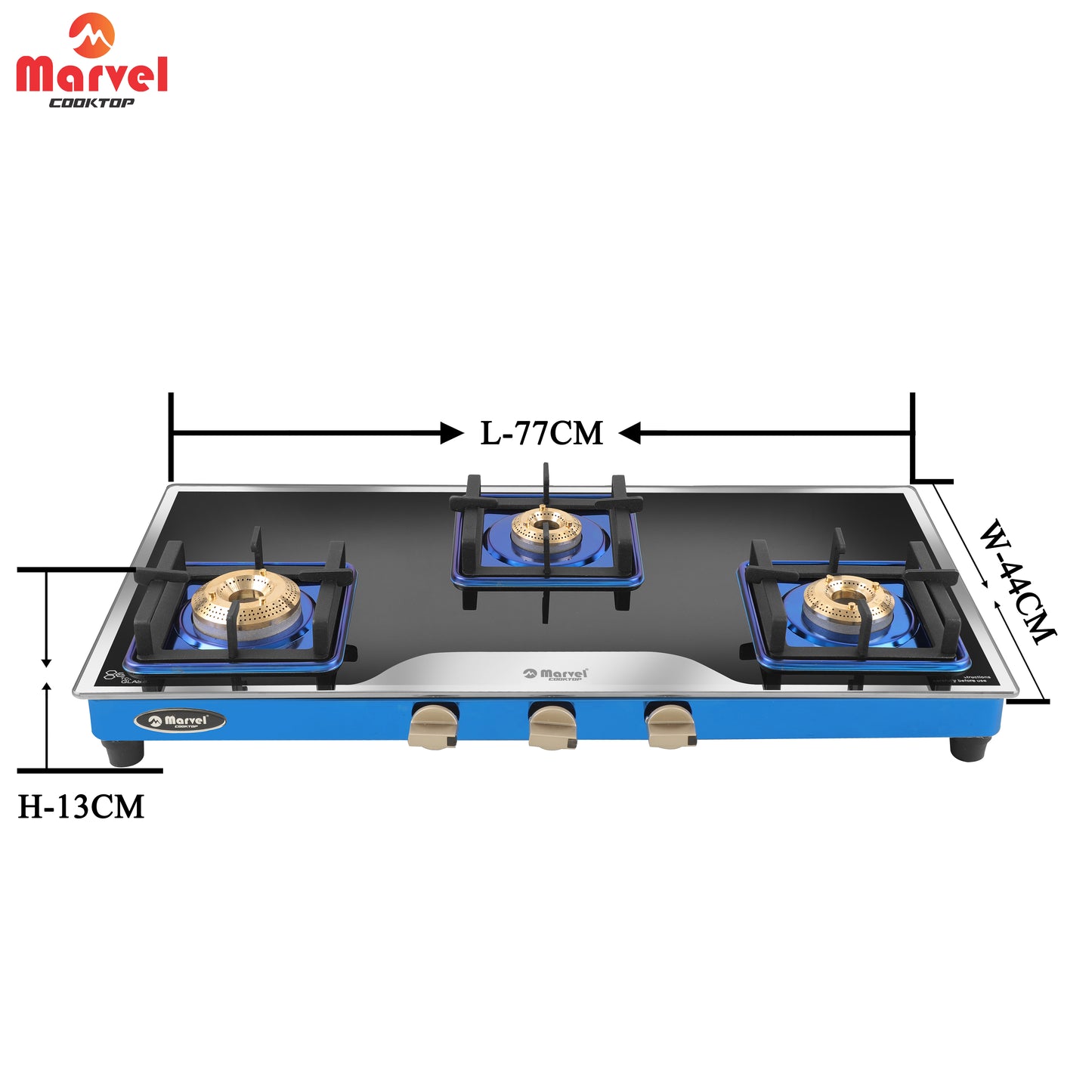 Cooktop Marvel – 3 Burner Premium LPG Gas Stove | Elite Mirror Glass, Blue SS Mirror Frame, Square Pan Support | Brass Top (BEAST – 3503)