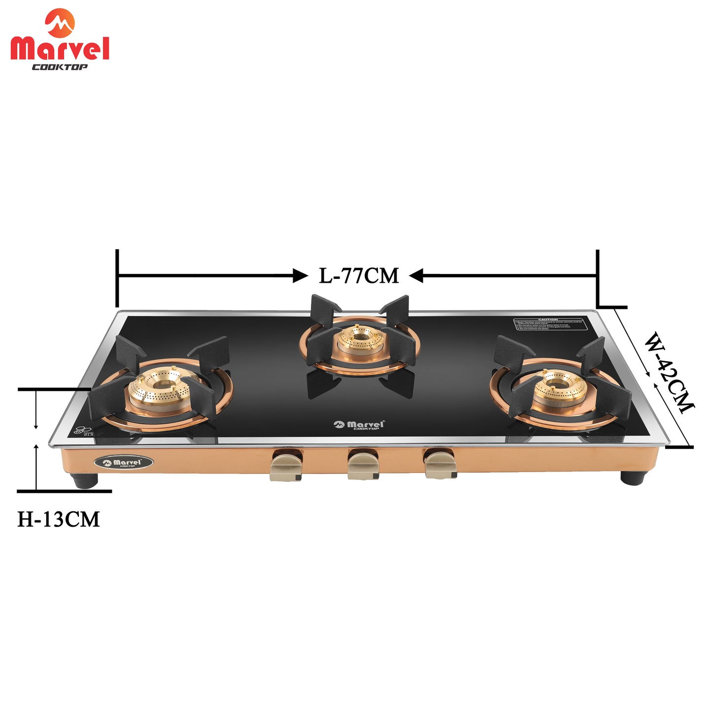 Cooktop Marvel – 3 Burner Premium LPG Gas Stove | Side Mirror Glass, Rose Gold SS Mirror Frame, Round Pan Support | Brass Top (WEGO – 3501)