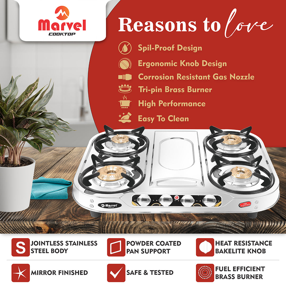 Cooktop Marvel – 4 Burner Plus Glain Stainless Steel LPG Gas Stove | Jumbo Brass Burner | Manual Ignition (TYPHON – 4201)