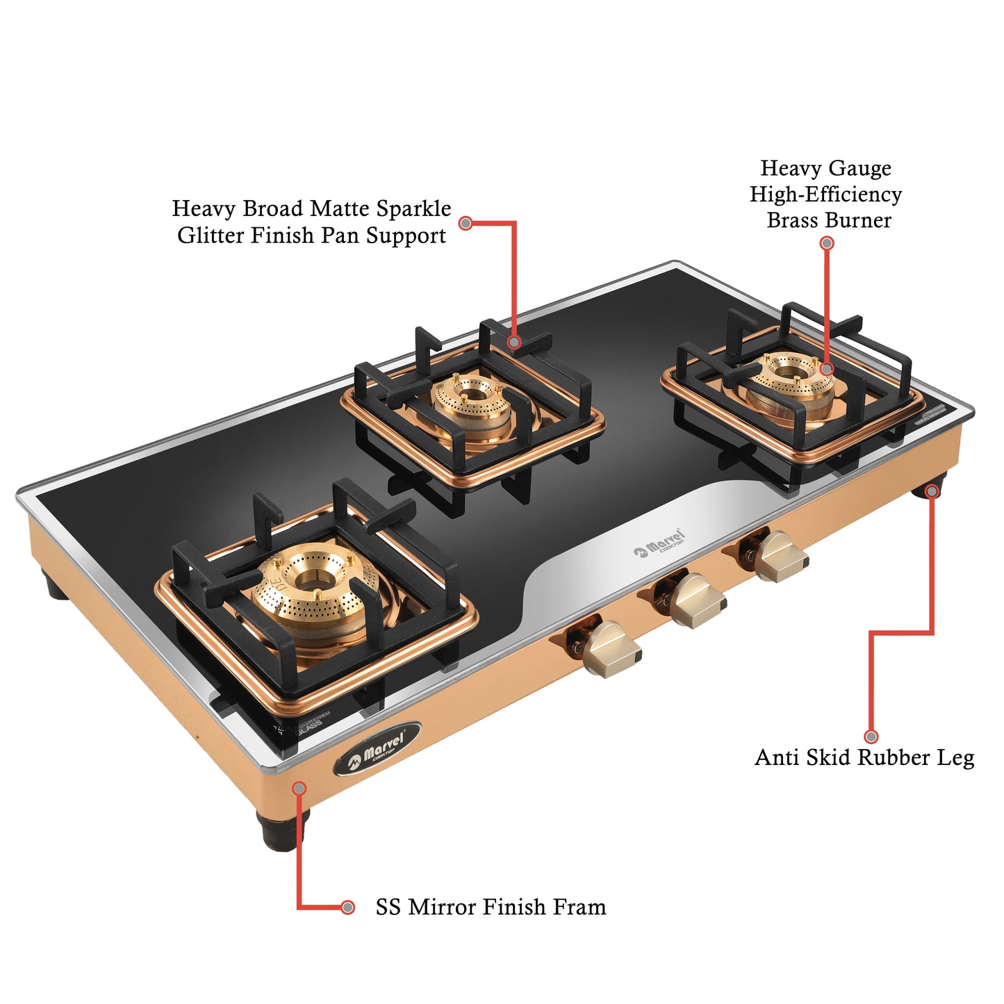 Cooktop Marvel – 3 Burner Premium LPG Gas Stove | Elite Mirror Glass, Rose Gold SS Mirror Frame, Square Pan Support | Brass Top (BEAST – 3503)