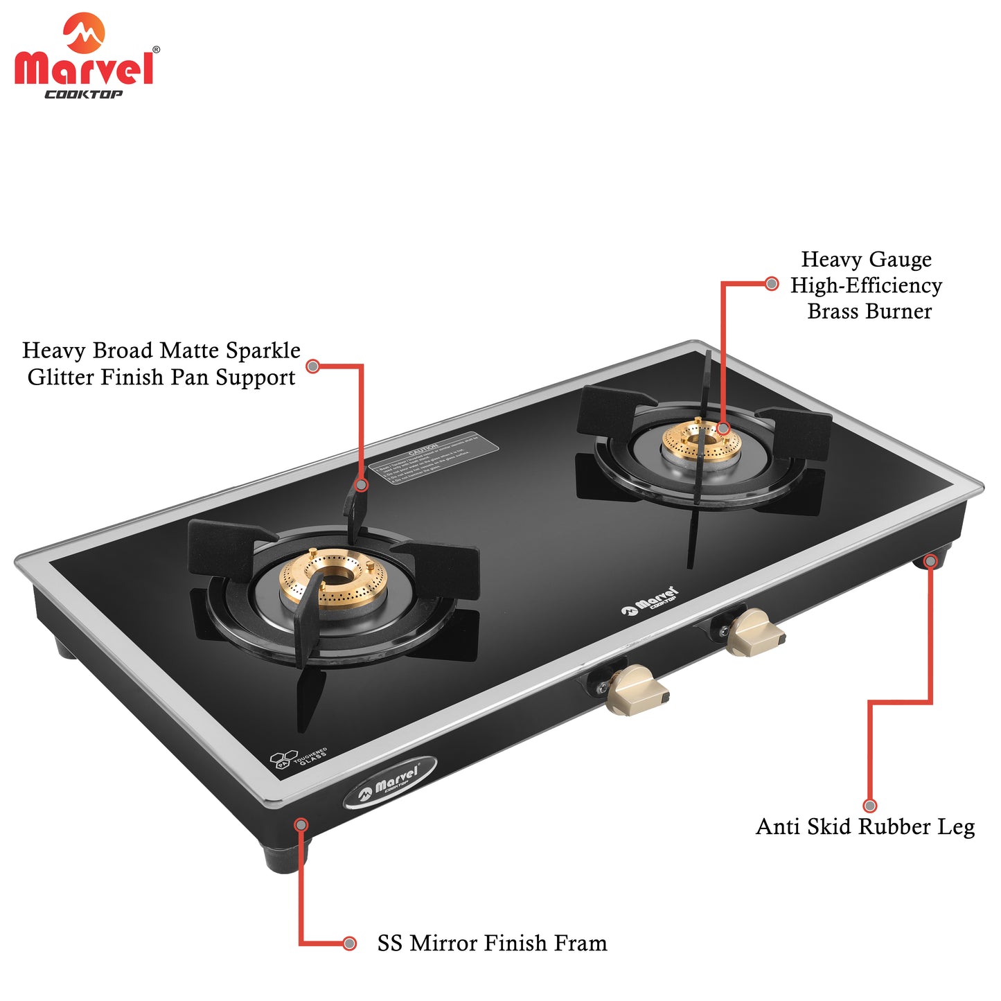 Cooktop Marvel – 2 Burner Side Mirror Glass Gas Stove with Black SS Mirror Finish Frame, Round Pan Support, Brass Top (WEGO - 2501)