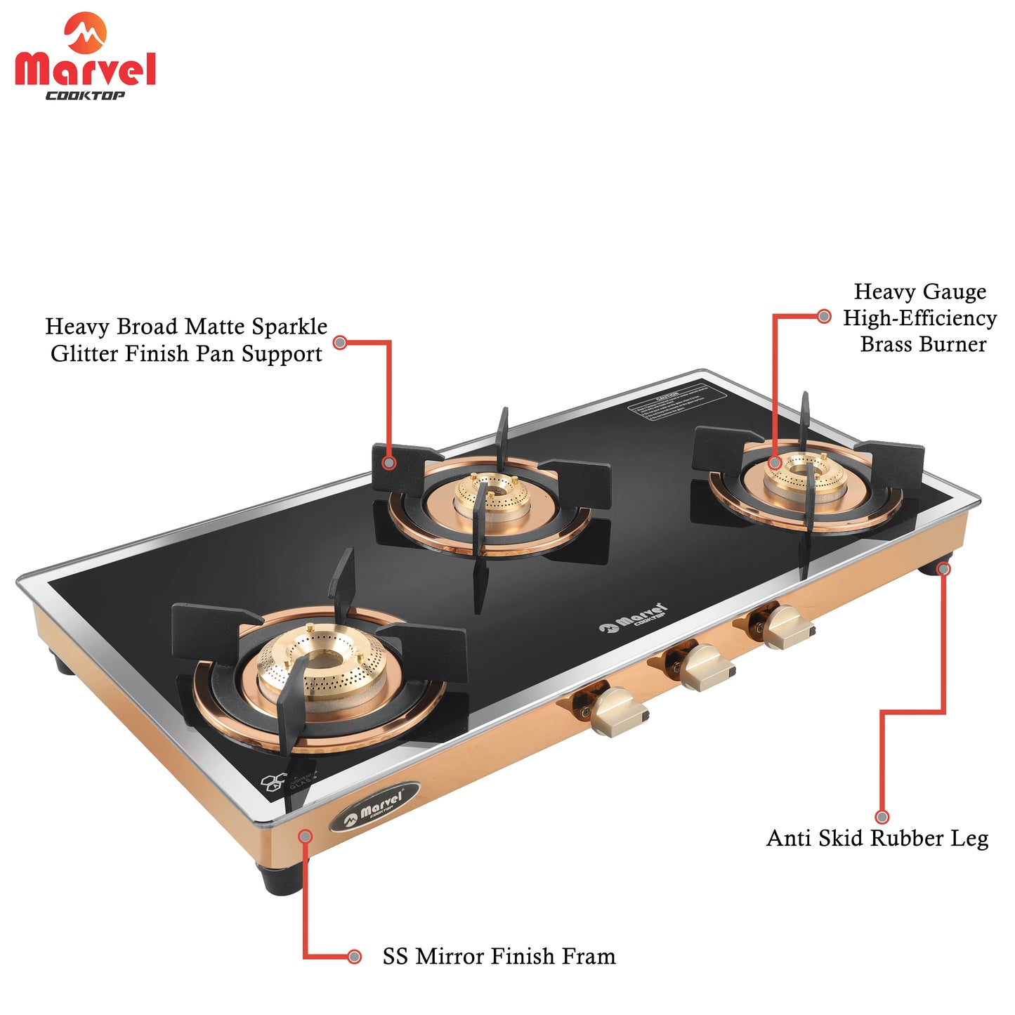 Cooktop Marvel – 3 Burner Premium LPG Gas Stove | Side Mirror Glass, Rose Gold SS Mirror Frame, Round Pan Support | Brass Top (WEGO – 3501)