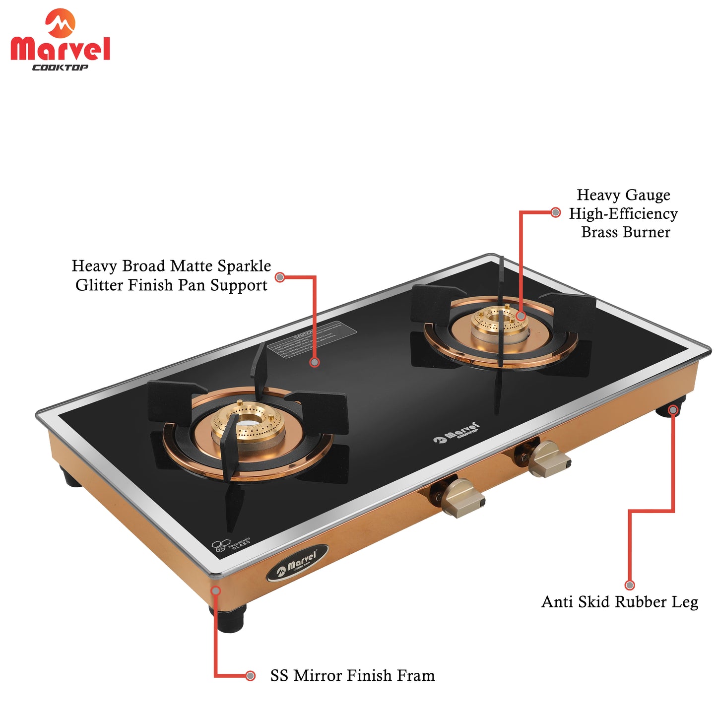 Cooktop Marvel – 2 Burner Side Mirror Glass Gas Stove with Rose Gold SS Mirror Finish Frame, Round Pan Support, Brass Top (WEGO - 2501)