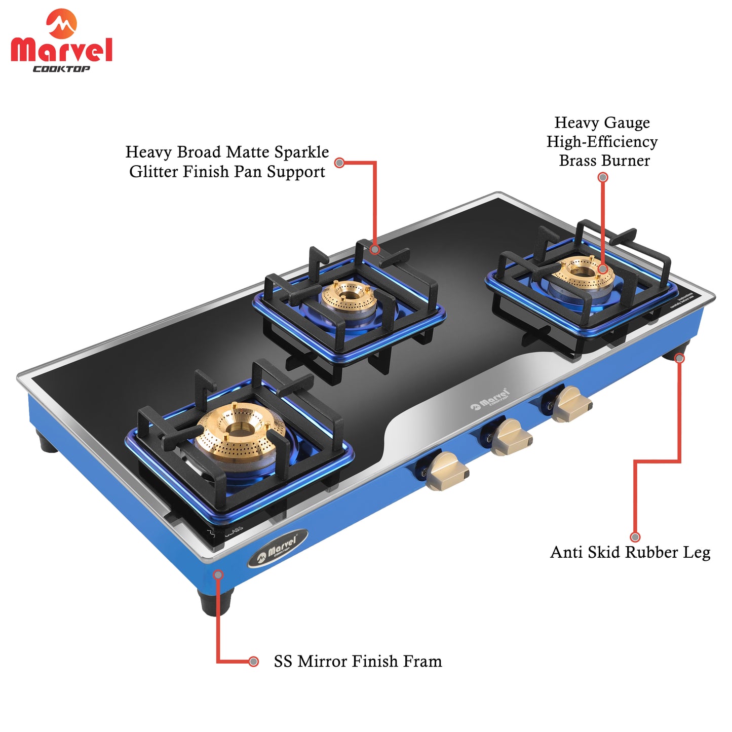 Cooktop Marvel – 3 Burner Premium LPG Gas Stove | Elite Mirror Glass, Blue SS Mirror Frame, Square Pan Support | Brass Top (BEAST – 3503)