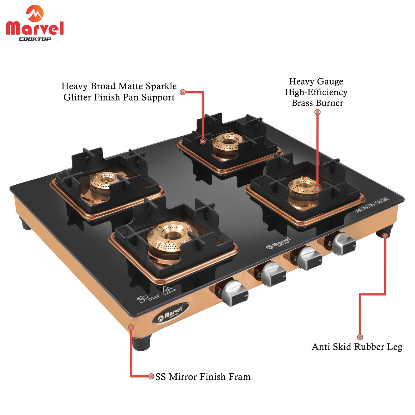 Cooktop Marvel – 4 Burner Premium Gas Stove | Crystal Black Glass, Rose Gold SS Mirror Frame, Square Pan Support | Brass Top, Manual Ignition, LPG Compatible (DOOM – 4502)