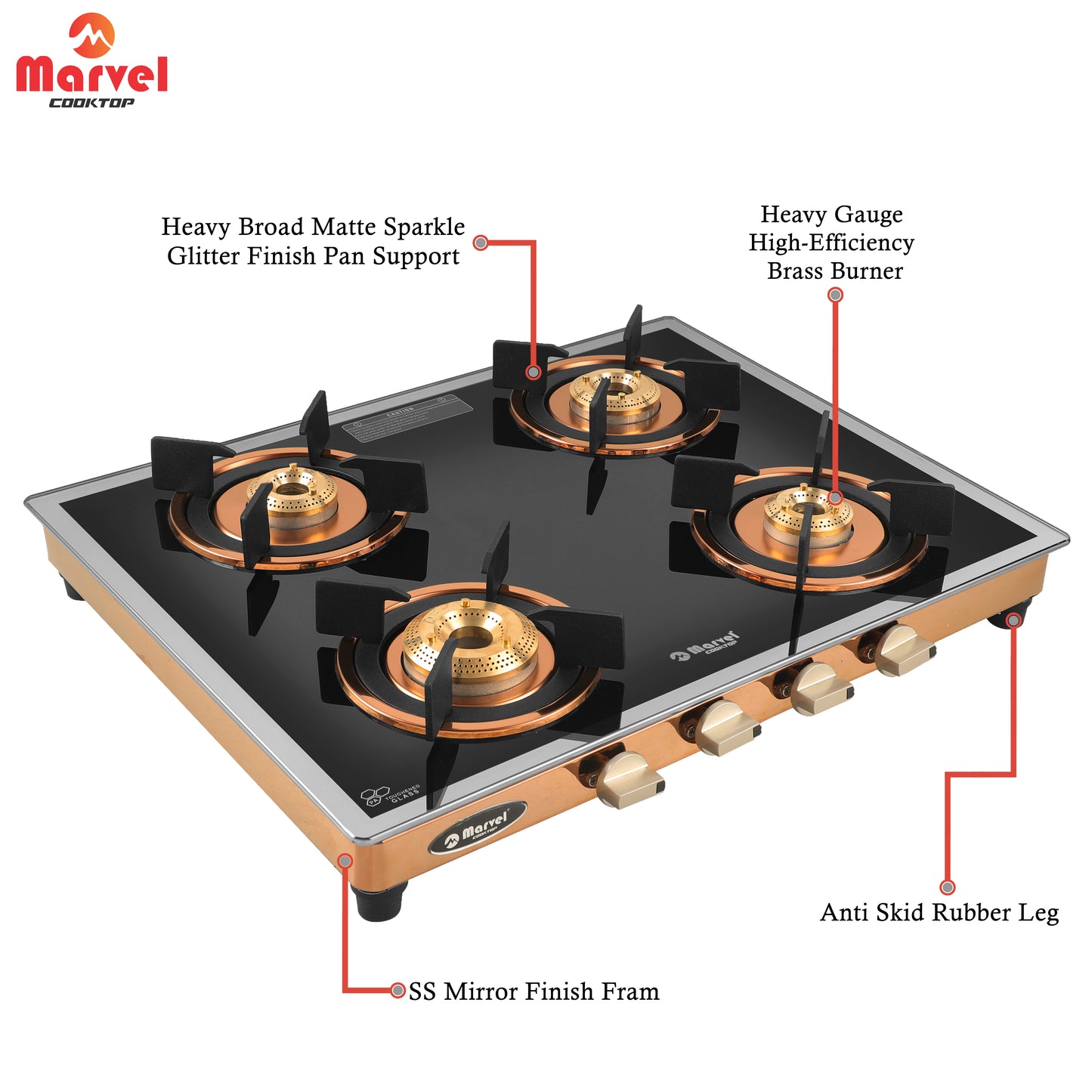 Cooktop Marvel – 4 Burner Premium Glass Gas Stove | Side Mirror Glass, Rose Gold SS Mirror Frame, Round Pan Support | Brass Top, Manual Ignition, LPG Compatible (WEGO – 4501)
