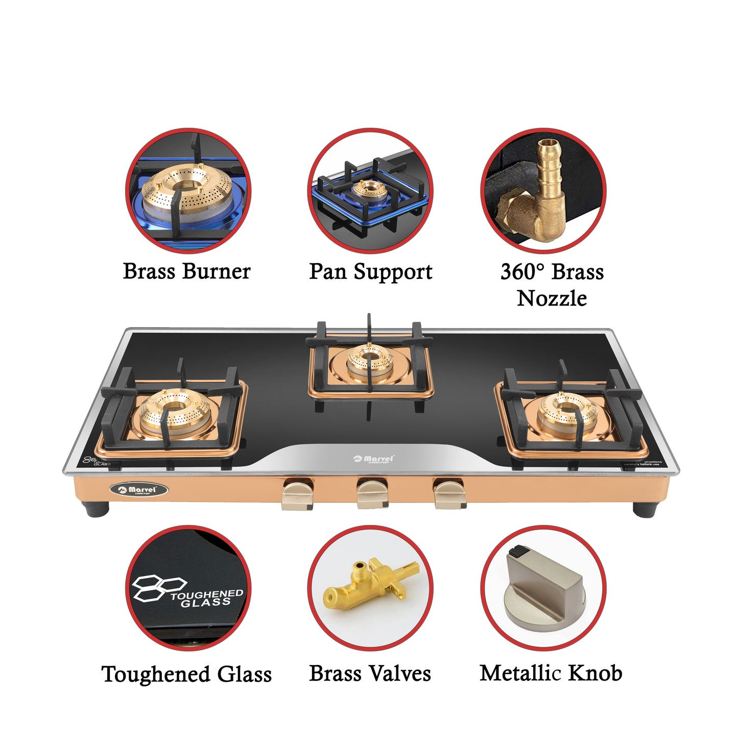 Cooktop Marvel – 3 Burner Premium LPG Gas Stove | Elite Mirror Glass, Rose Gold SS Mirror Frame, Square Pan Support | Brass Top (BEAST – 3503)
