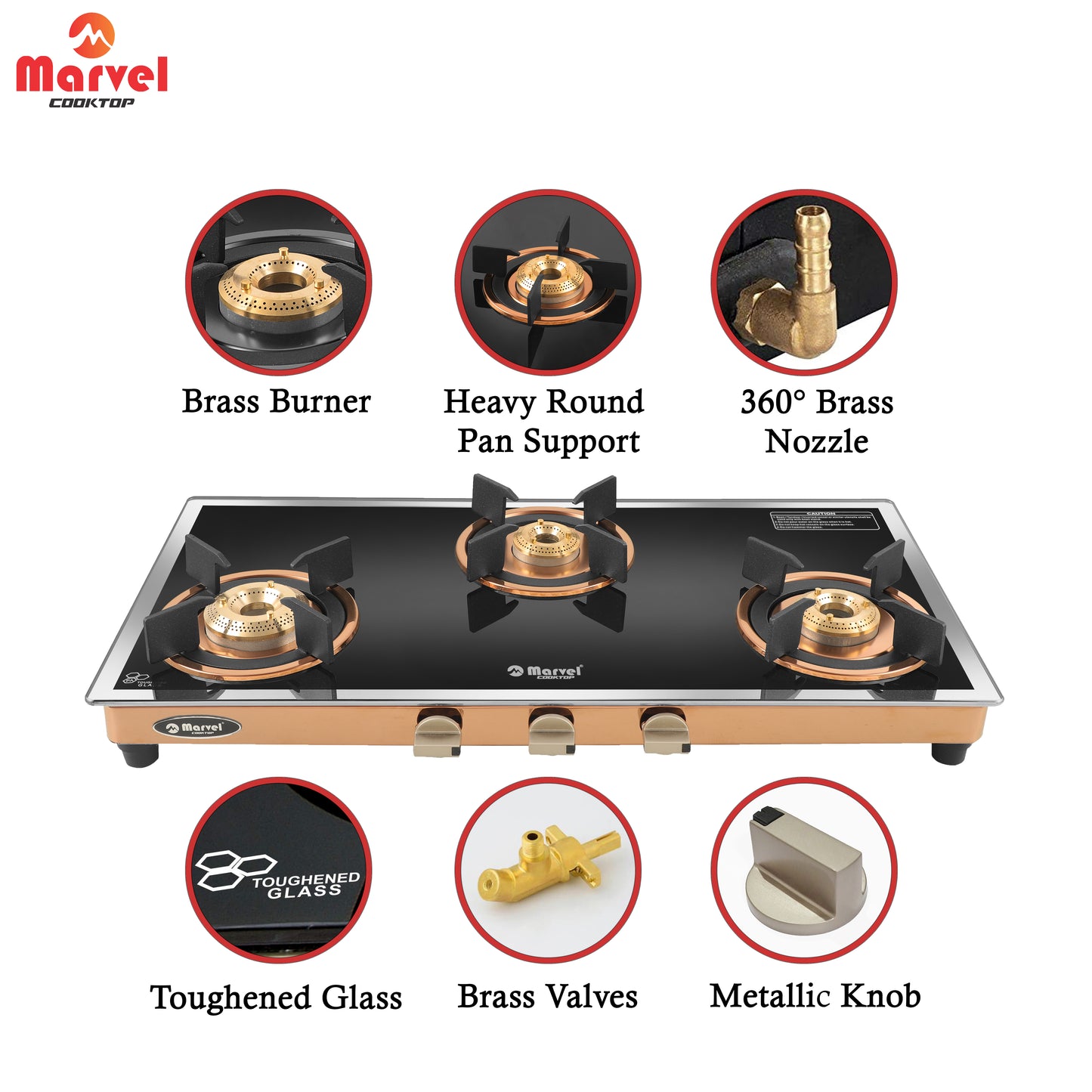 Cooktop Marvel – 3 Burner Premium LPG Gas Stove | Side Mirror Glass, Rose Gold SS Mirror Frame, Round Pan Support | Brass Top (WEGO – 3501)