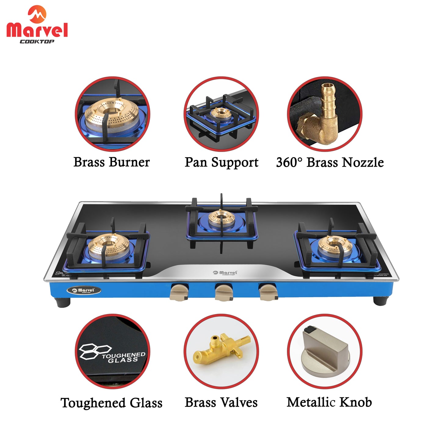 Cooktop Marvel – 3 Burner Premium LPG Gas Stove | Elite Mirror Glass, Blue SS Mirror Frame, Square Pan Support | Brass Top (BEAST – 3503)