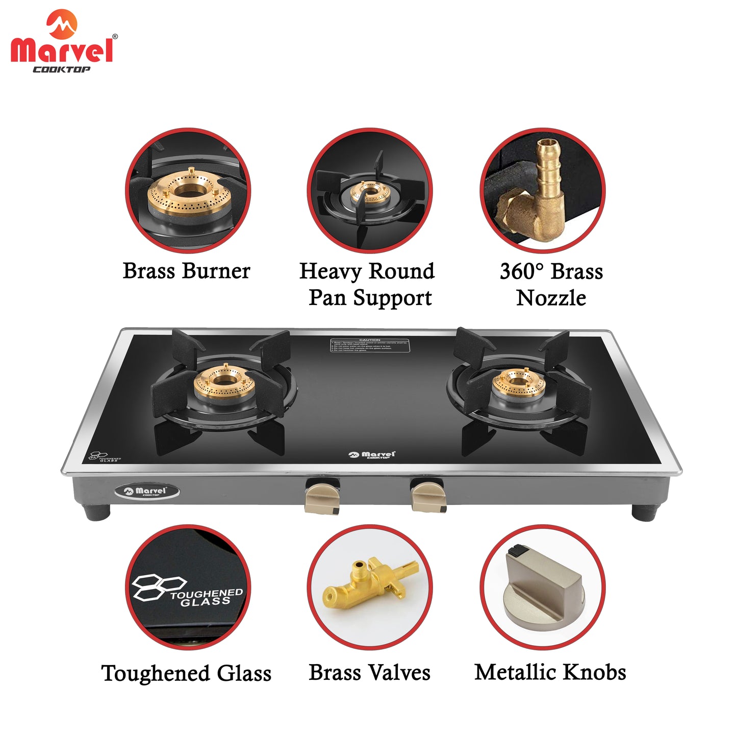 Cooktop Marvel – 2 Burner Side Mirror Glass Gas Stove with Black SS Mirror Finish Frame, Round Pan Support, Brass Top (WEGO - 2501)