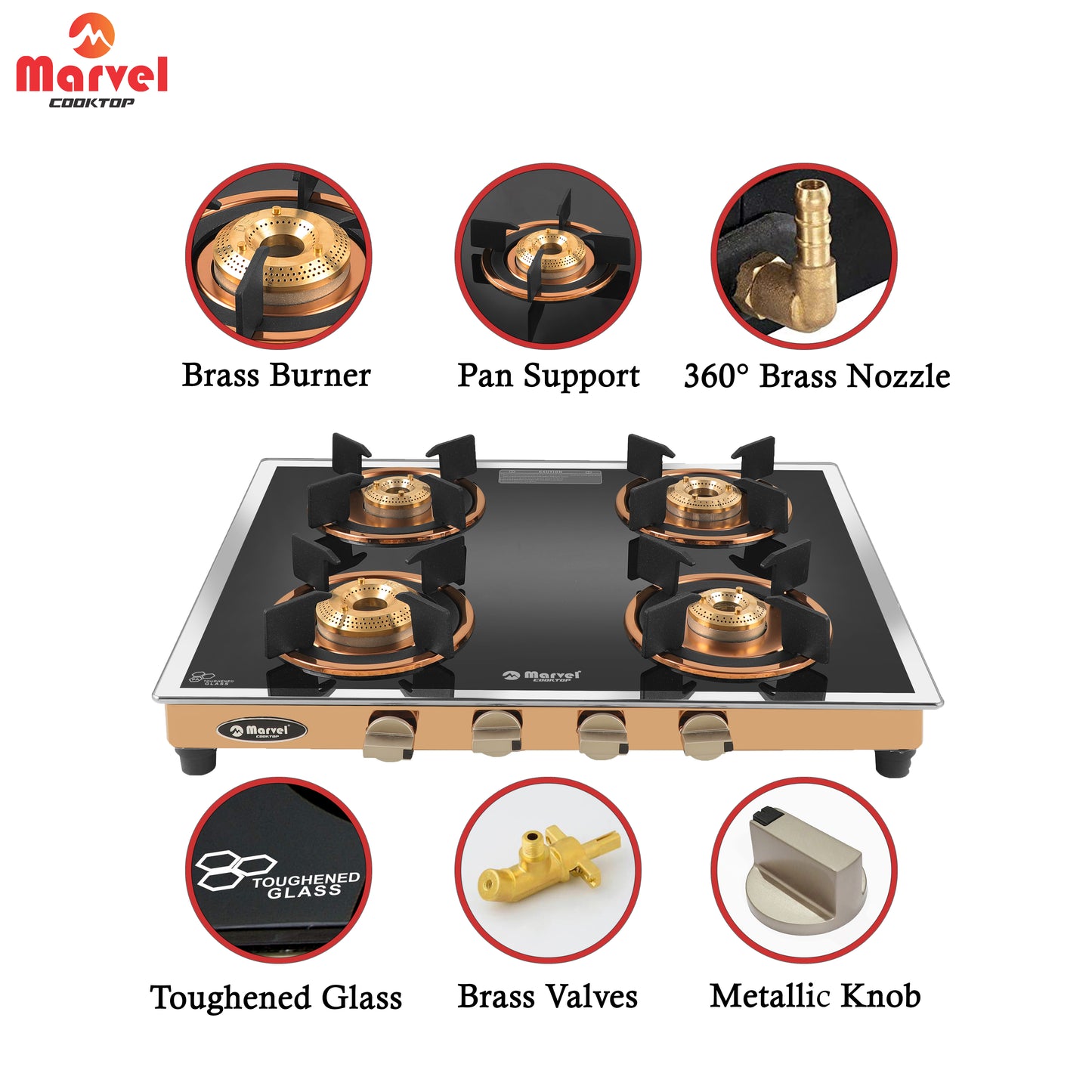 Cooktop Marvel – 4 Burner Premium Glass Gas Stove | Side Mirror Glass, Rose Gold SS Mirror Frame, Round Pan Support | Brass Top, Manual Ignition, LPG Compatible (WEGO – 4501)