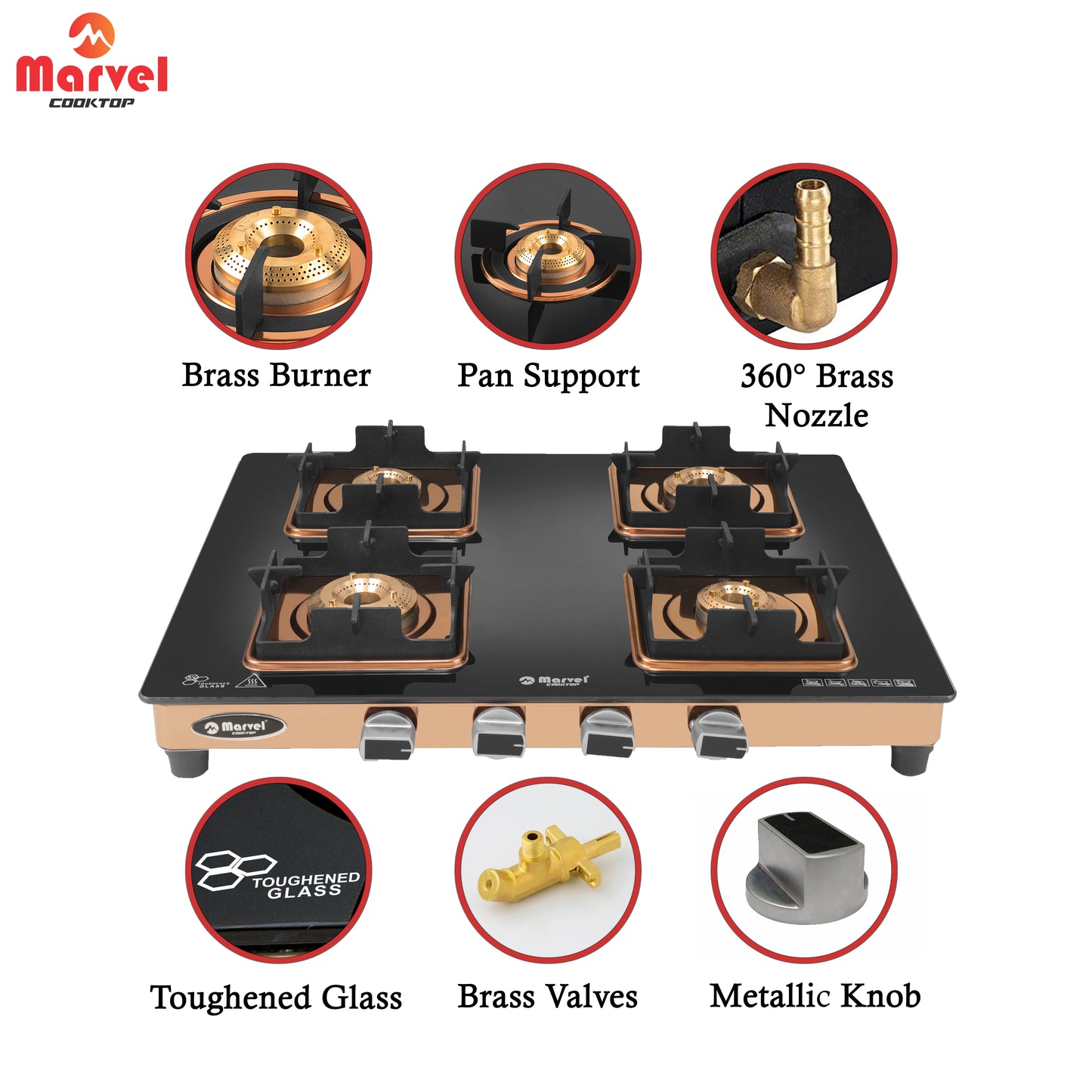 Cooktop Marvel – 4 Burner Premium Gas Stove | Crystal Black Glass, Rose Gold SS Mirror Frame, Square Pan Support | Brass Top, Manual Ignition, LPG Compatible (DOOM – 4502)