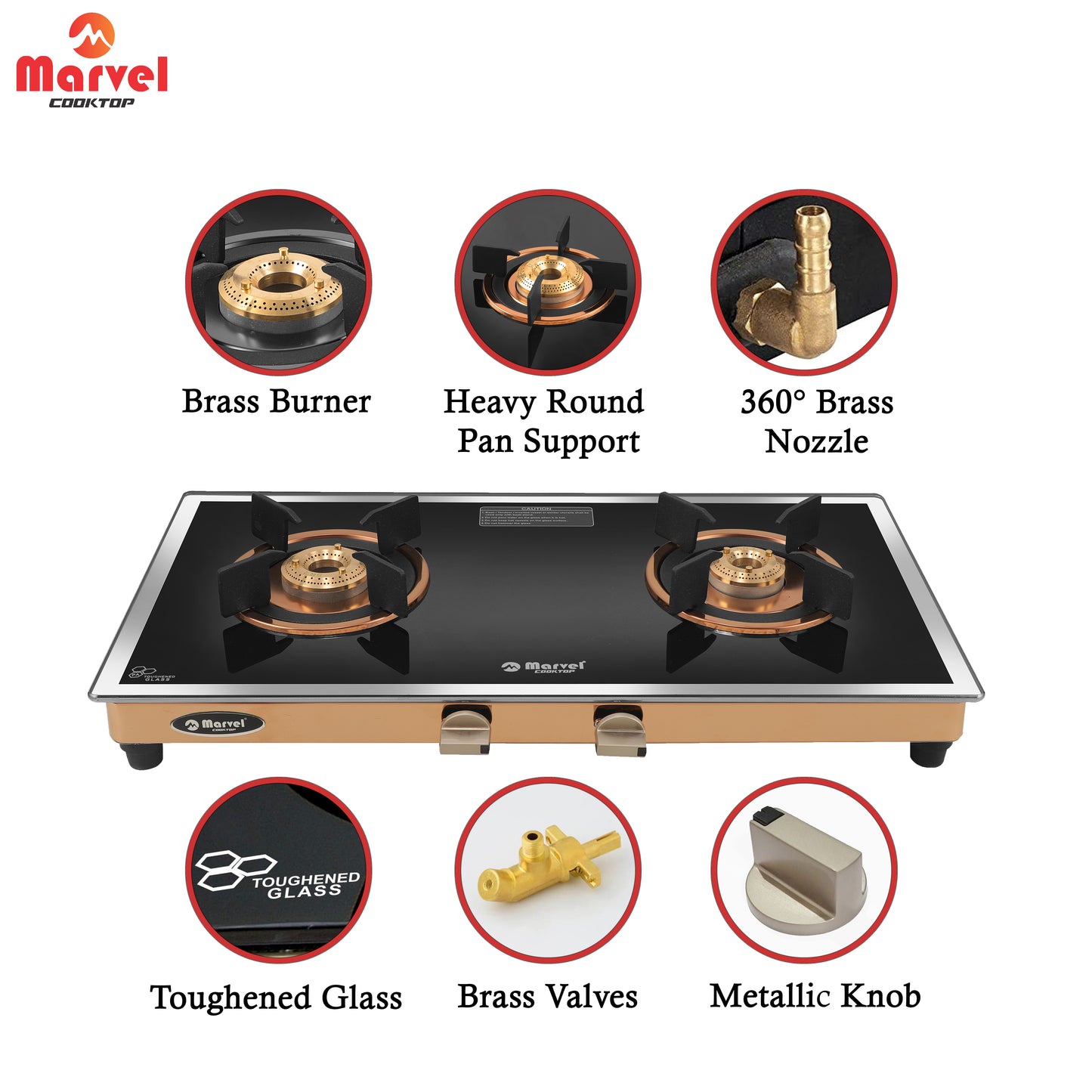 Cooktop Marvel – 2 Burner Side Mirror Glass Gas Stove with Rose Gold SS Mirror Finish Frame, Round Pan Support, Brass Top (WEGO - 2501)