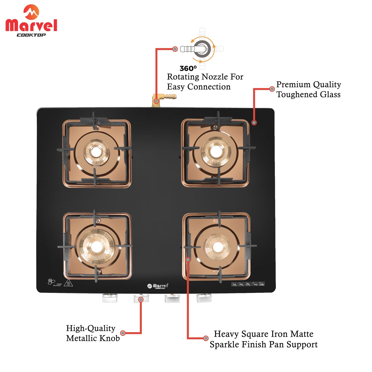 Cooktop Marvel – 4 Burner Premium Gas Stove | Crystal Black Glass, Rose Gold SS Mirror Frame, Square Pan Support | Brass Top, Manual Ignition, LPG Compatible (DOOM – 4502)